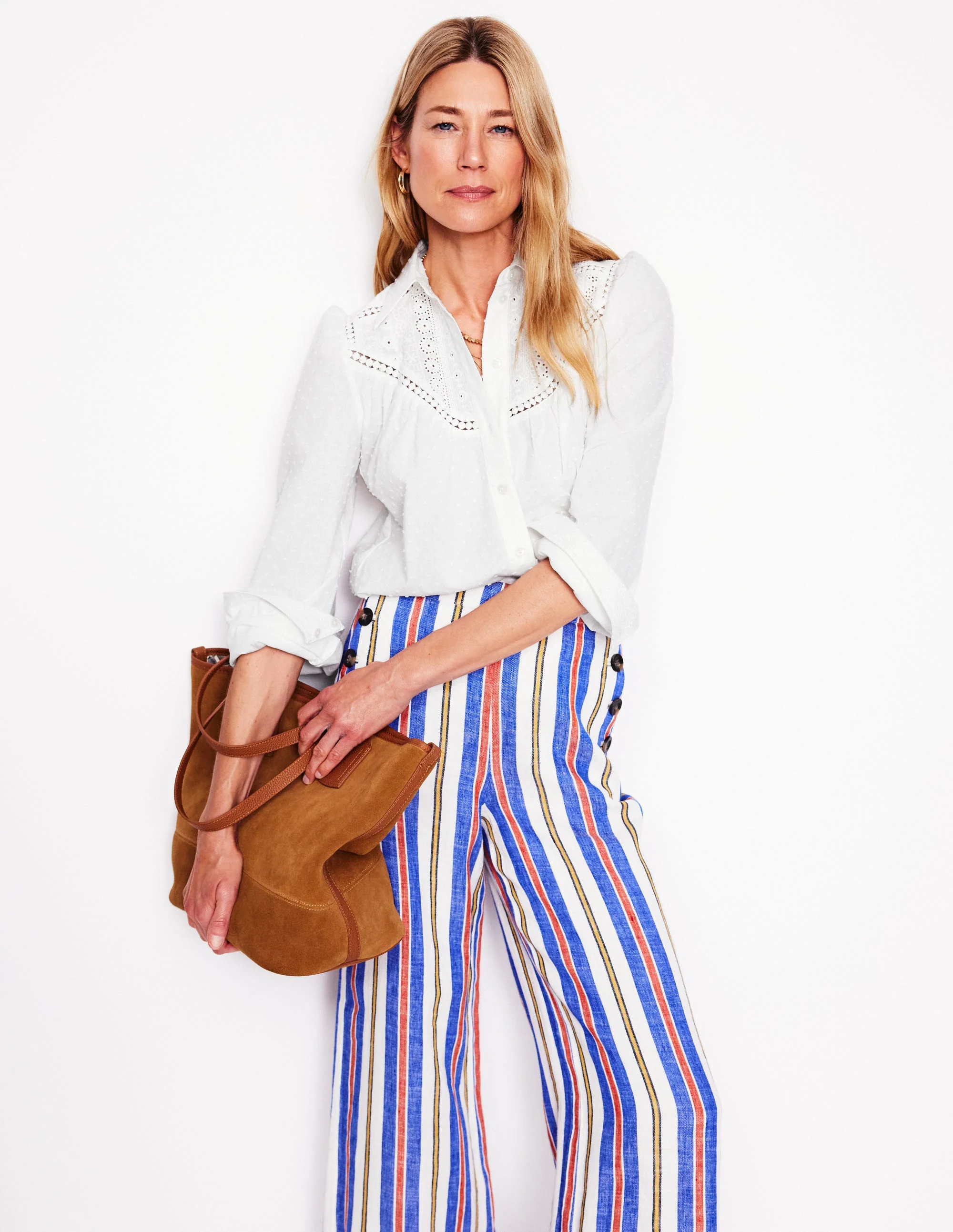 Broderie Contrast Yoke Shirt-White - Image 4