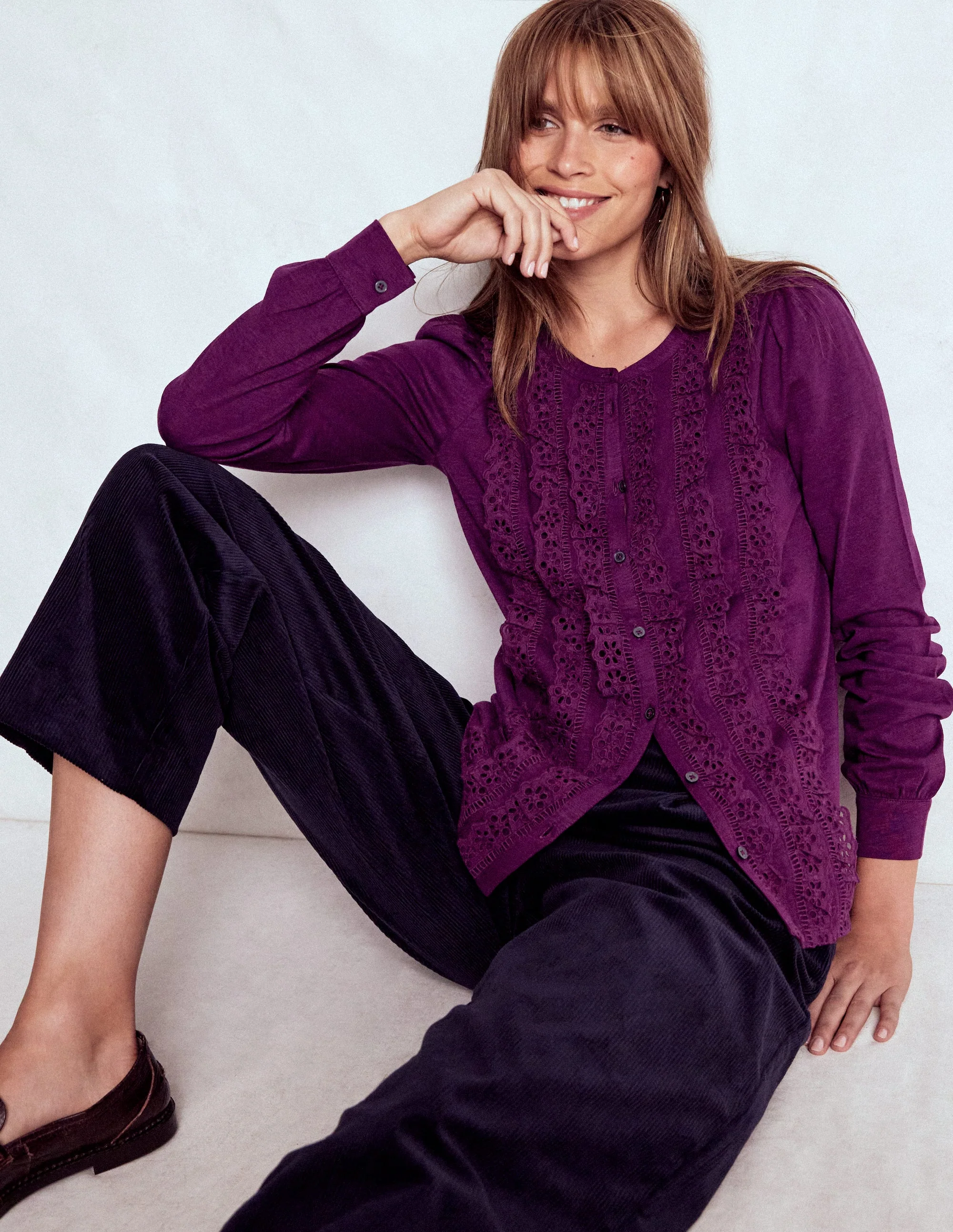 Broderie Ruffle Jersey Shirt-Plum Jam - Image 5