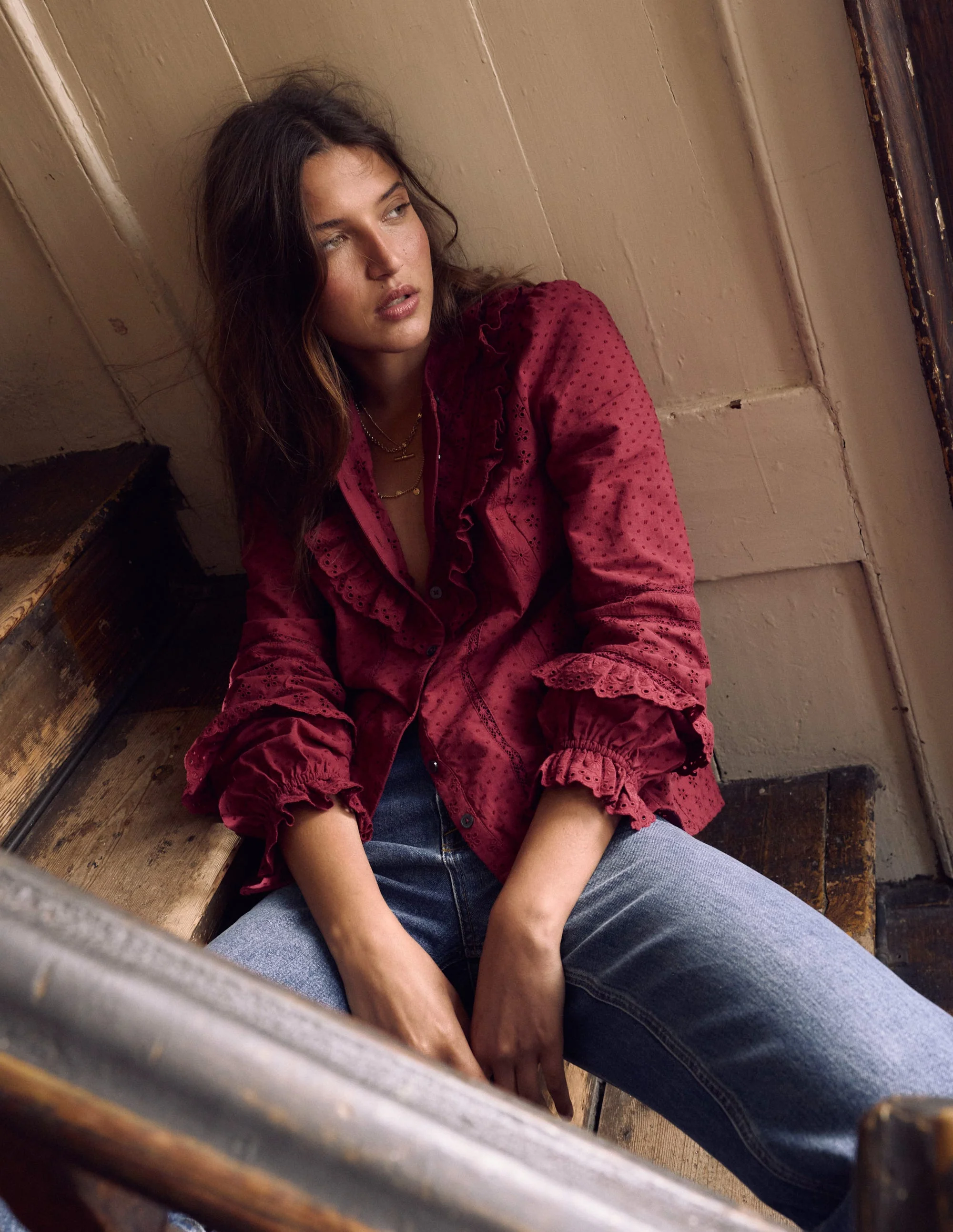 Broderie Ruffle Top-Ruby Red - Image 5