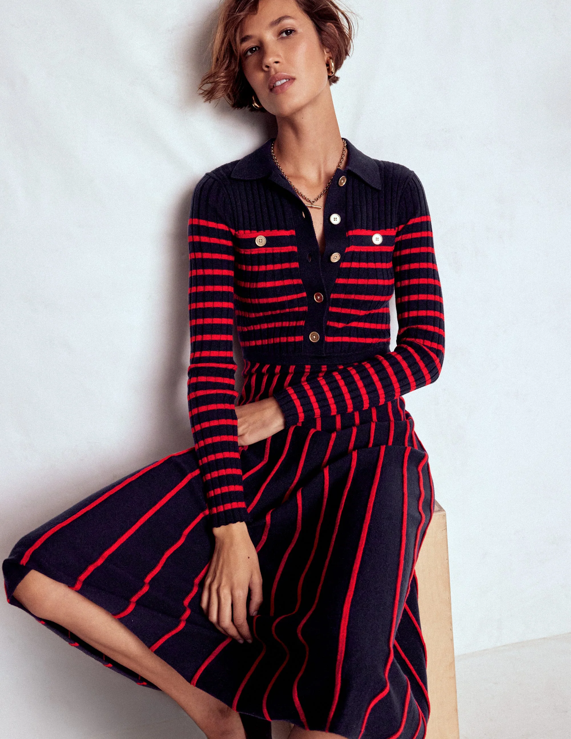 Brönte Knitted Rib Shirt Dress-Navy and Red Stripe