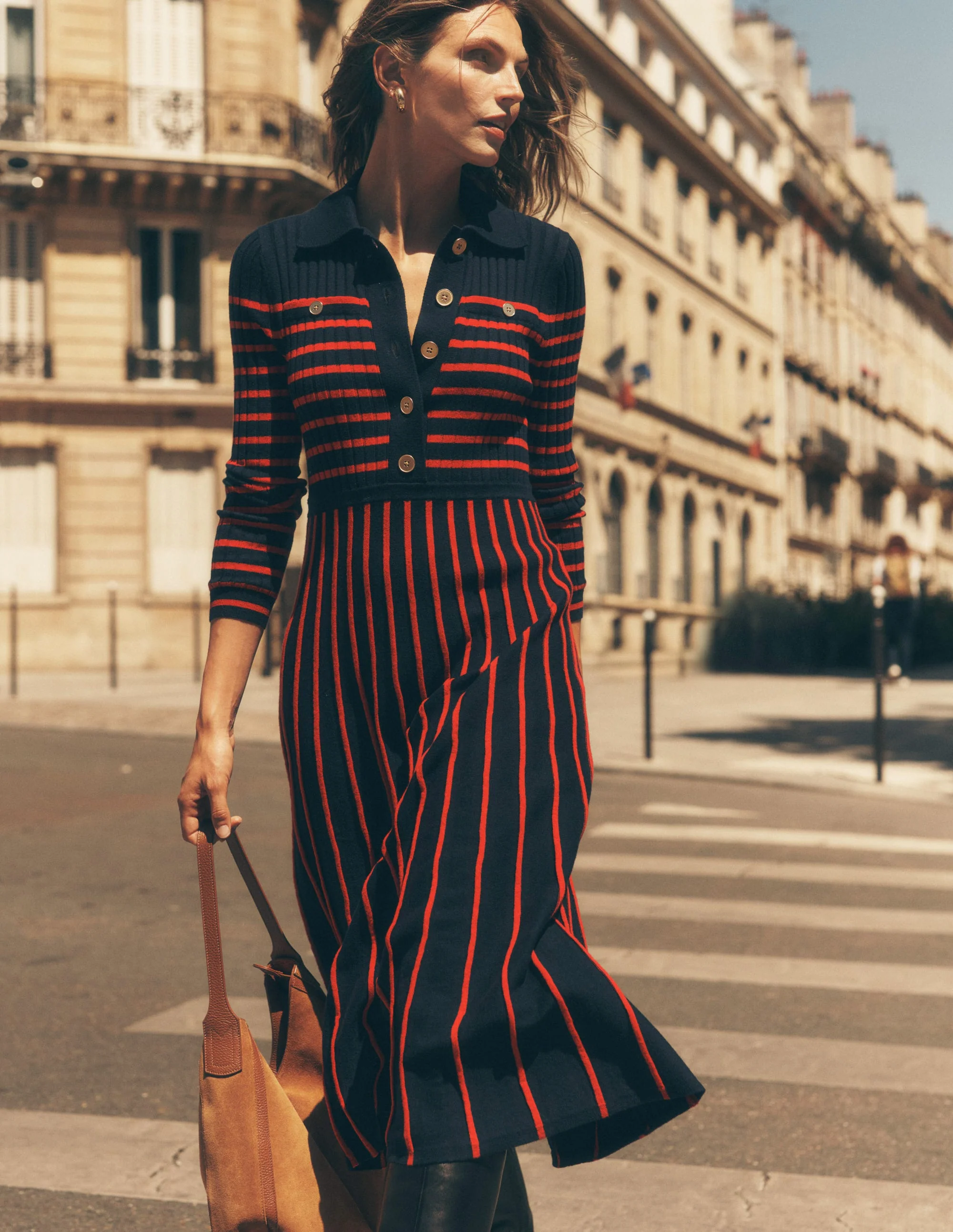 Brönte Knitted Rib Shirt Dress-Navy and Red Stripe - Image 6