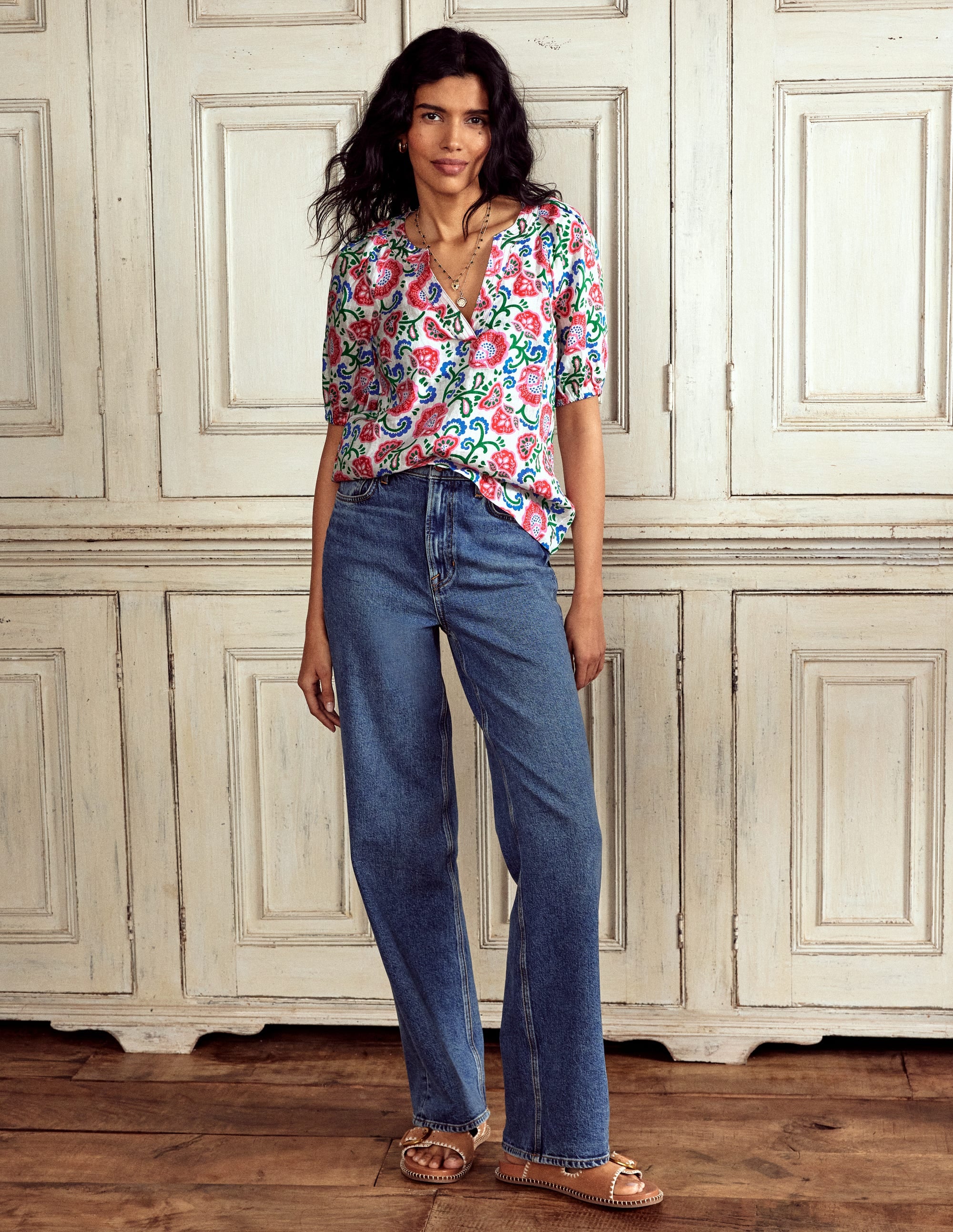Brooke Linen Top-Ivory, Garden Vine