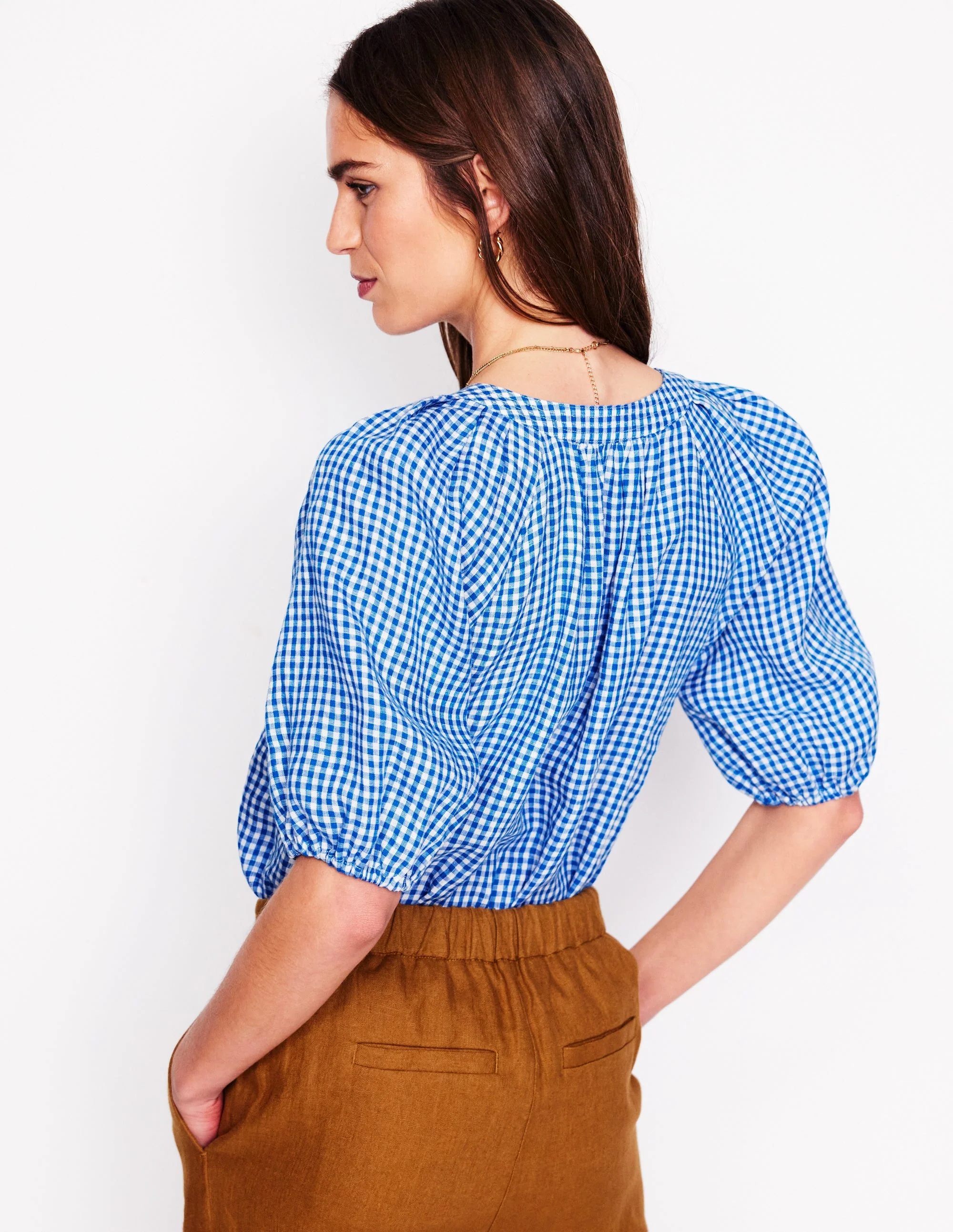 Brooke Linen Top-Kingfisher Blue Micro Gingham - Image 5