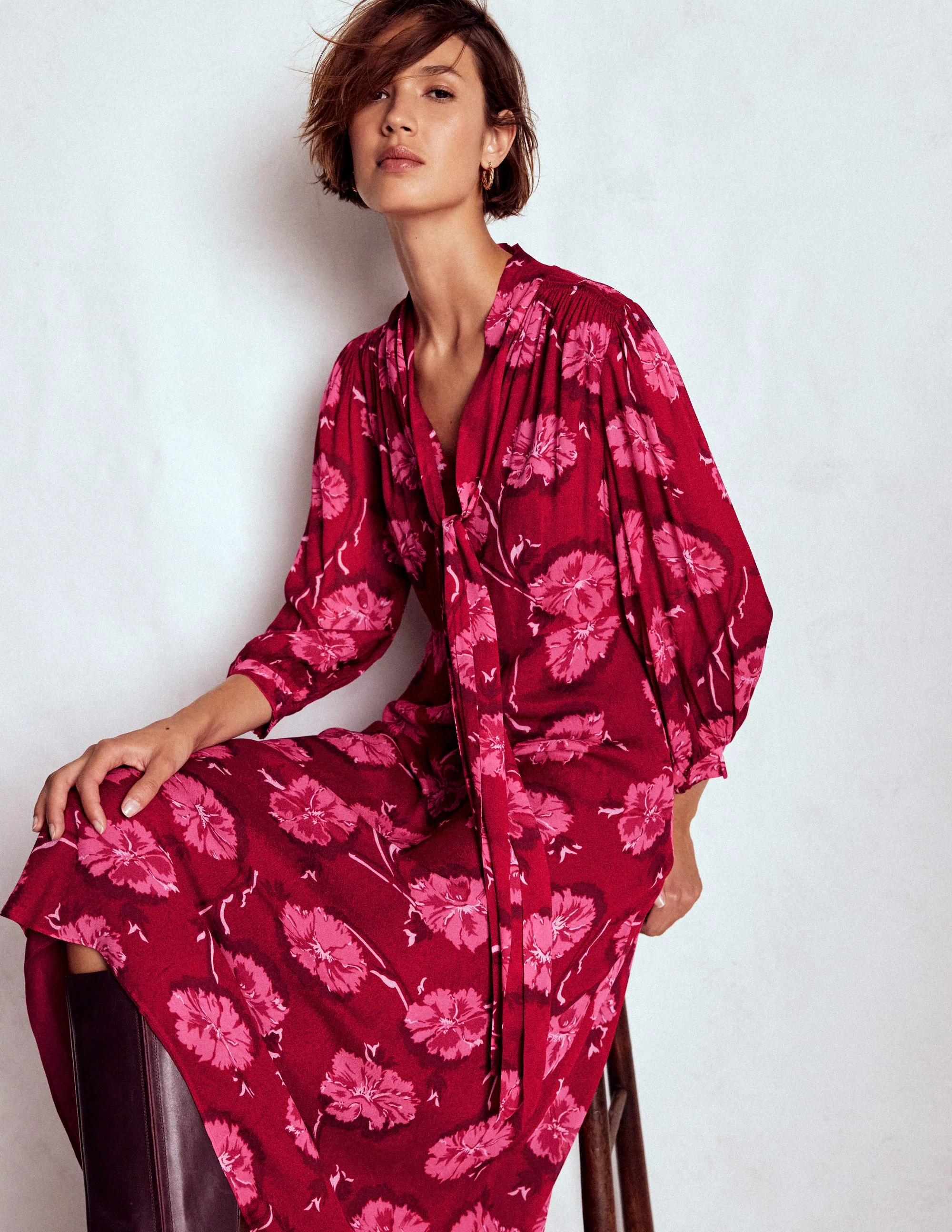 Brooke Tie Neck Tea Dress-Cranberry Red, Delicate Vine