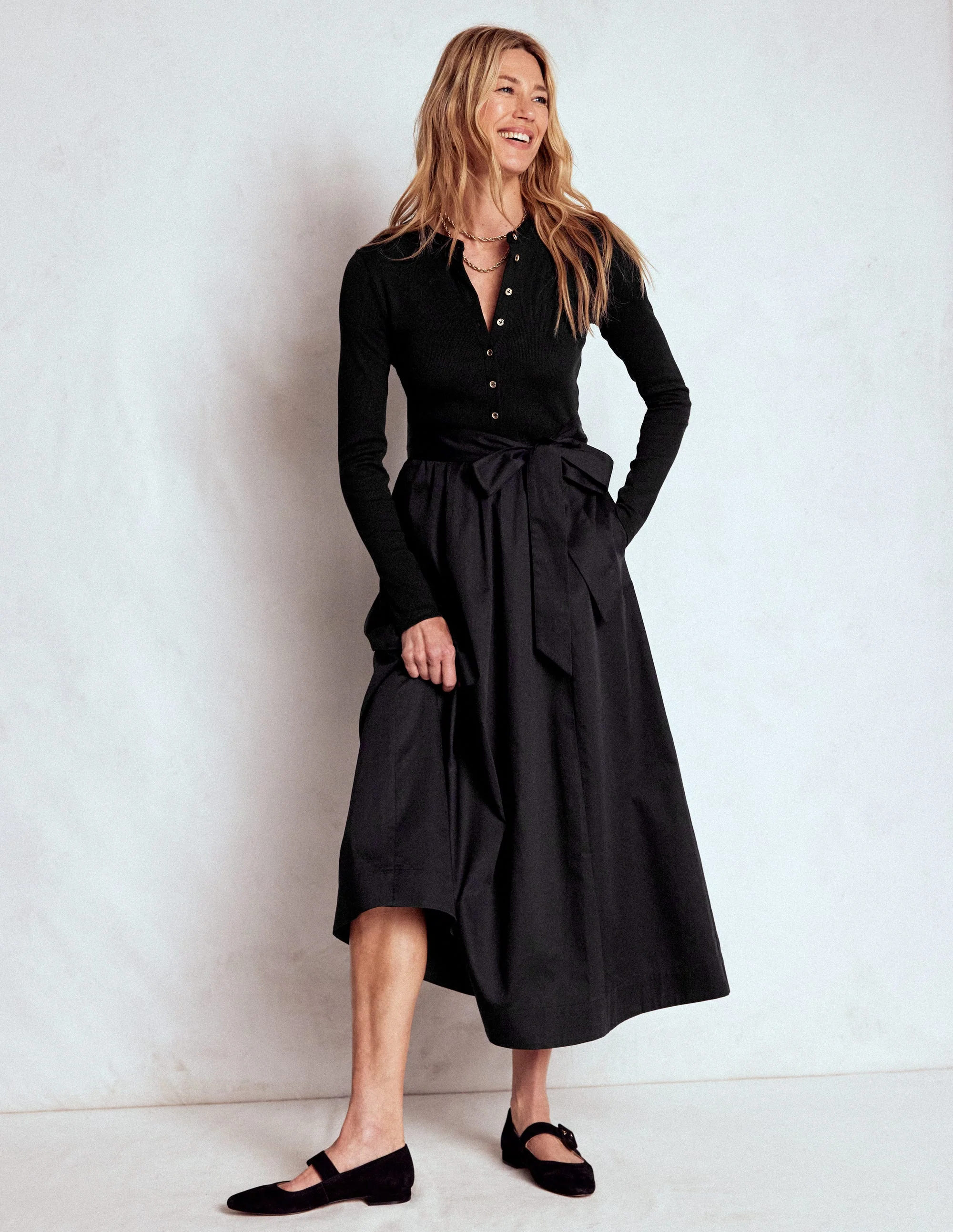 Button Detail Mix Dress-Black