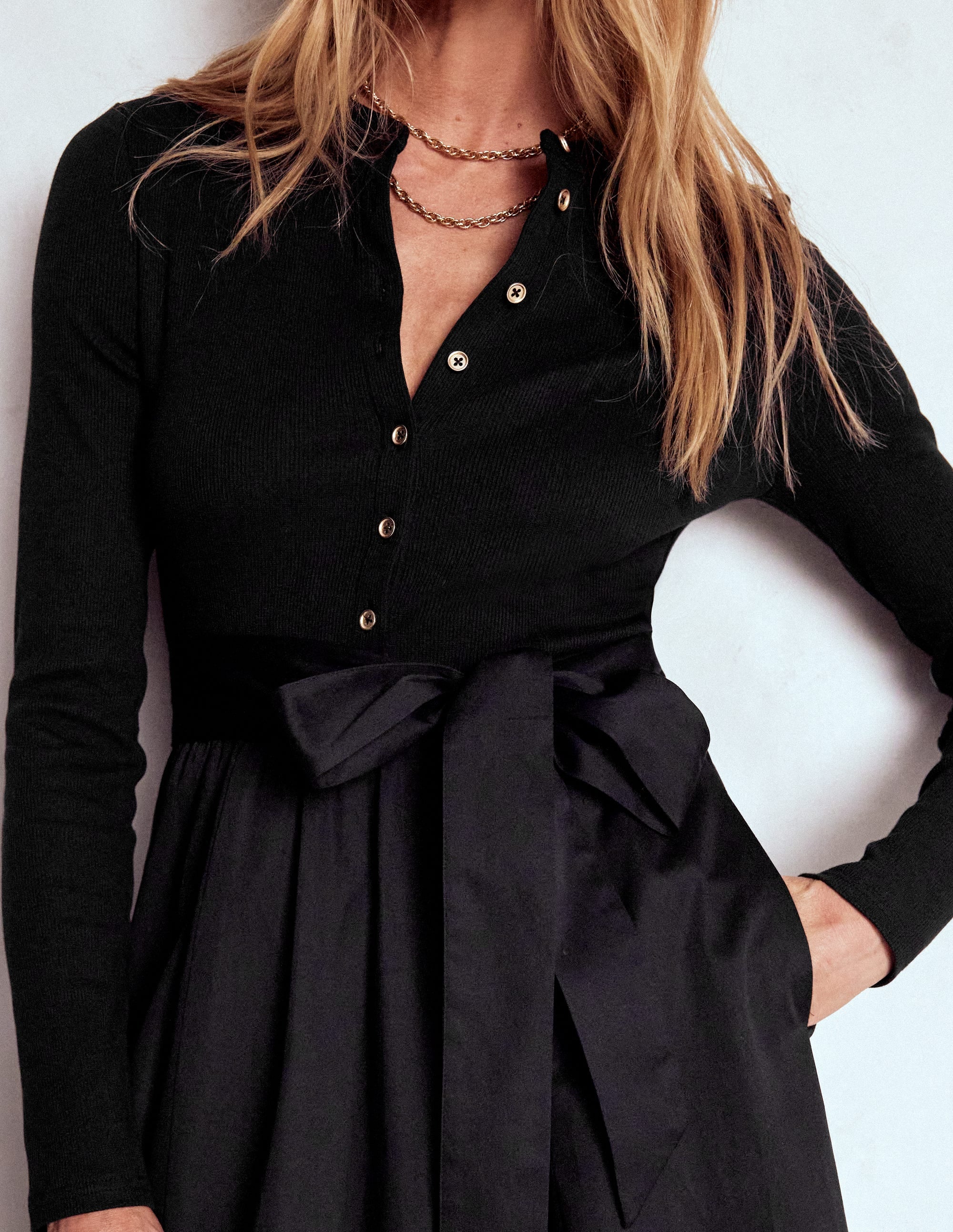 Button Detail Mix Dress-Black - Image 2