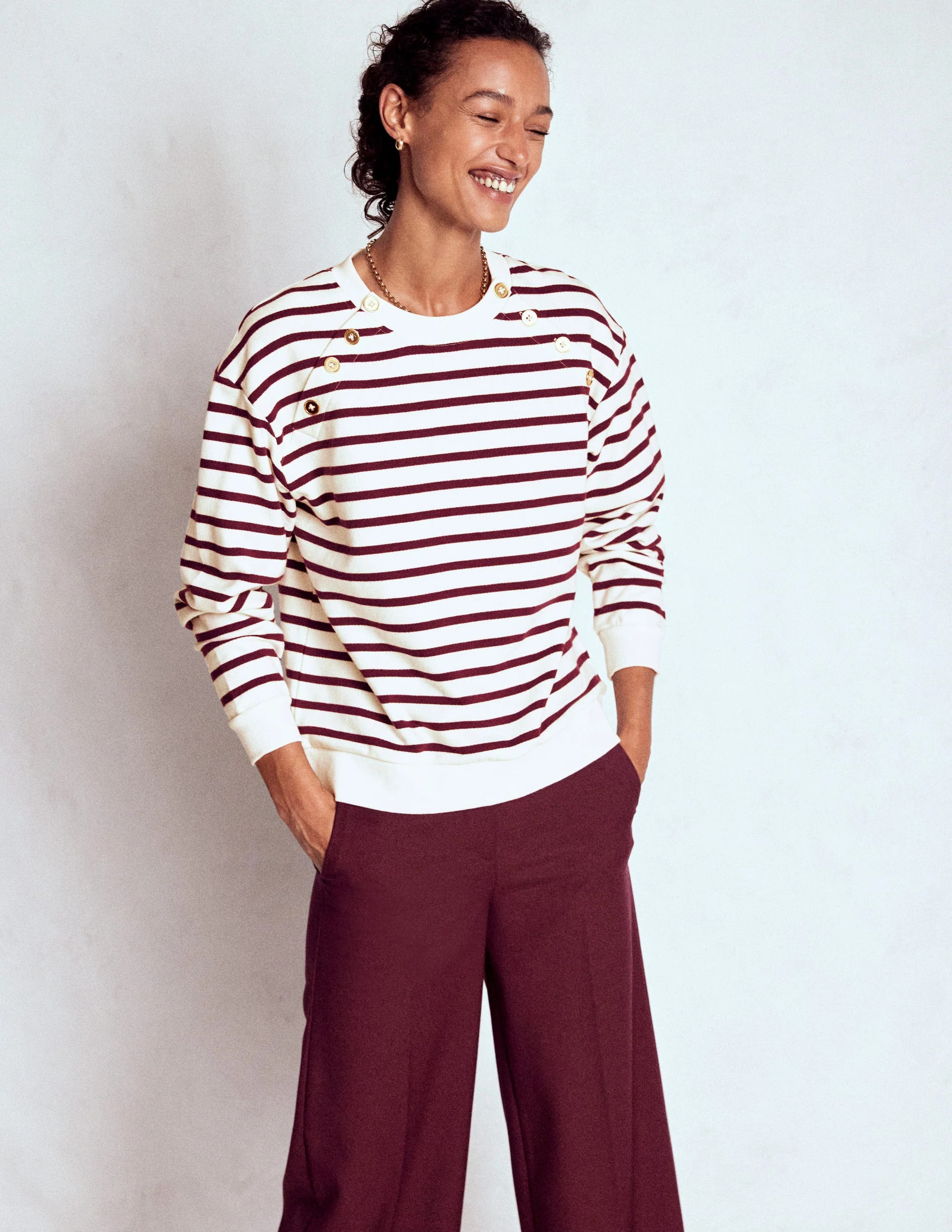Button Detail Sweatshirt-Deep Wisteria, Ivory - Image 4