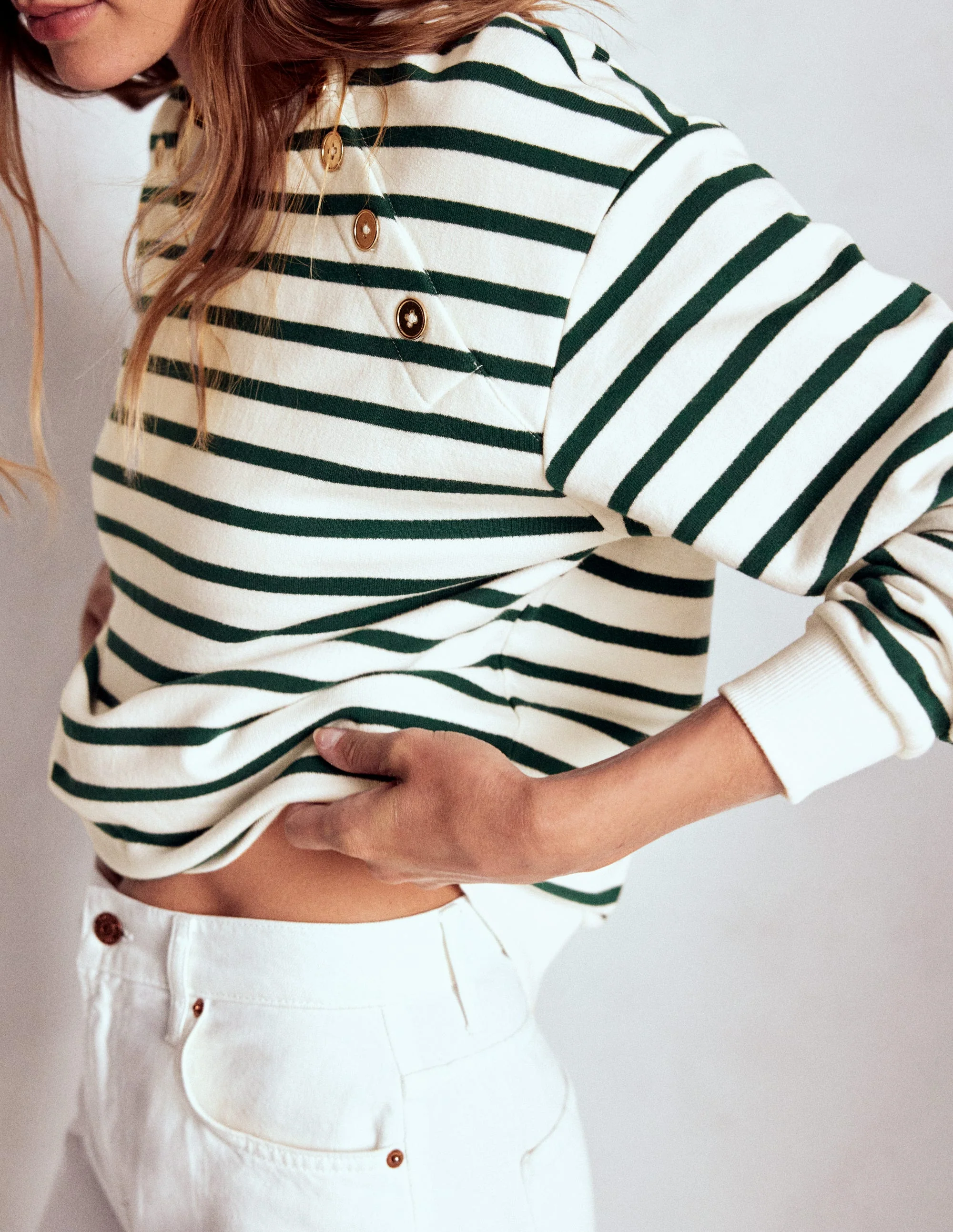 Button Detail Sweatshirt-Emerald Night, Ivory - Image 2