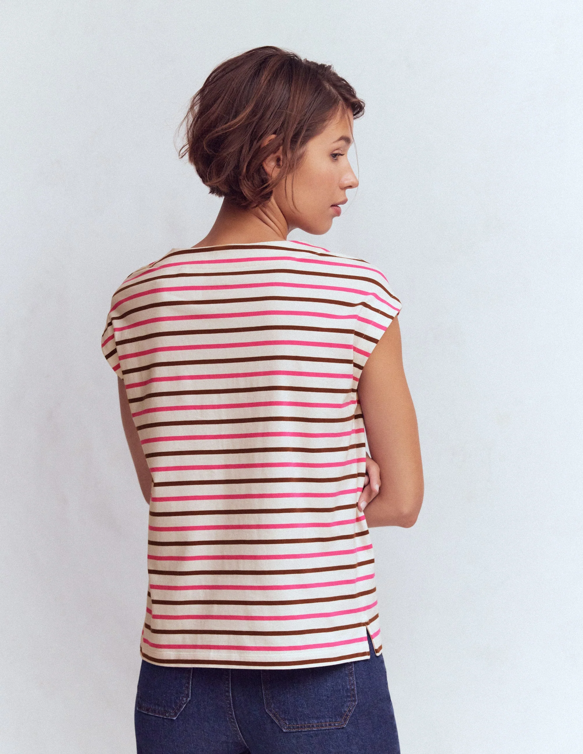 Button Detail T-Shirt-Pink Peony, Raw Umber Stripe - Image 3