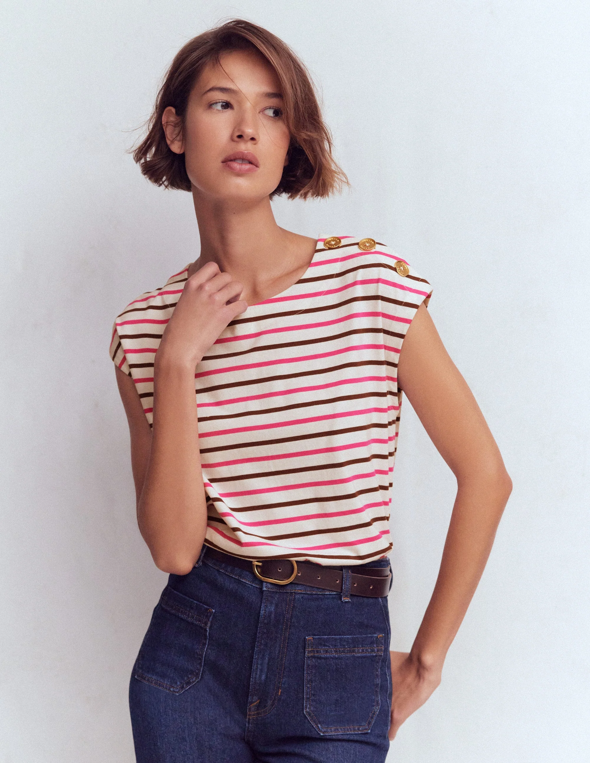 Button Detail T-Shirt-Pink Peony, Raw Umber Stripe - Image 4