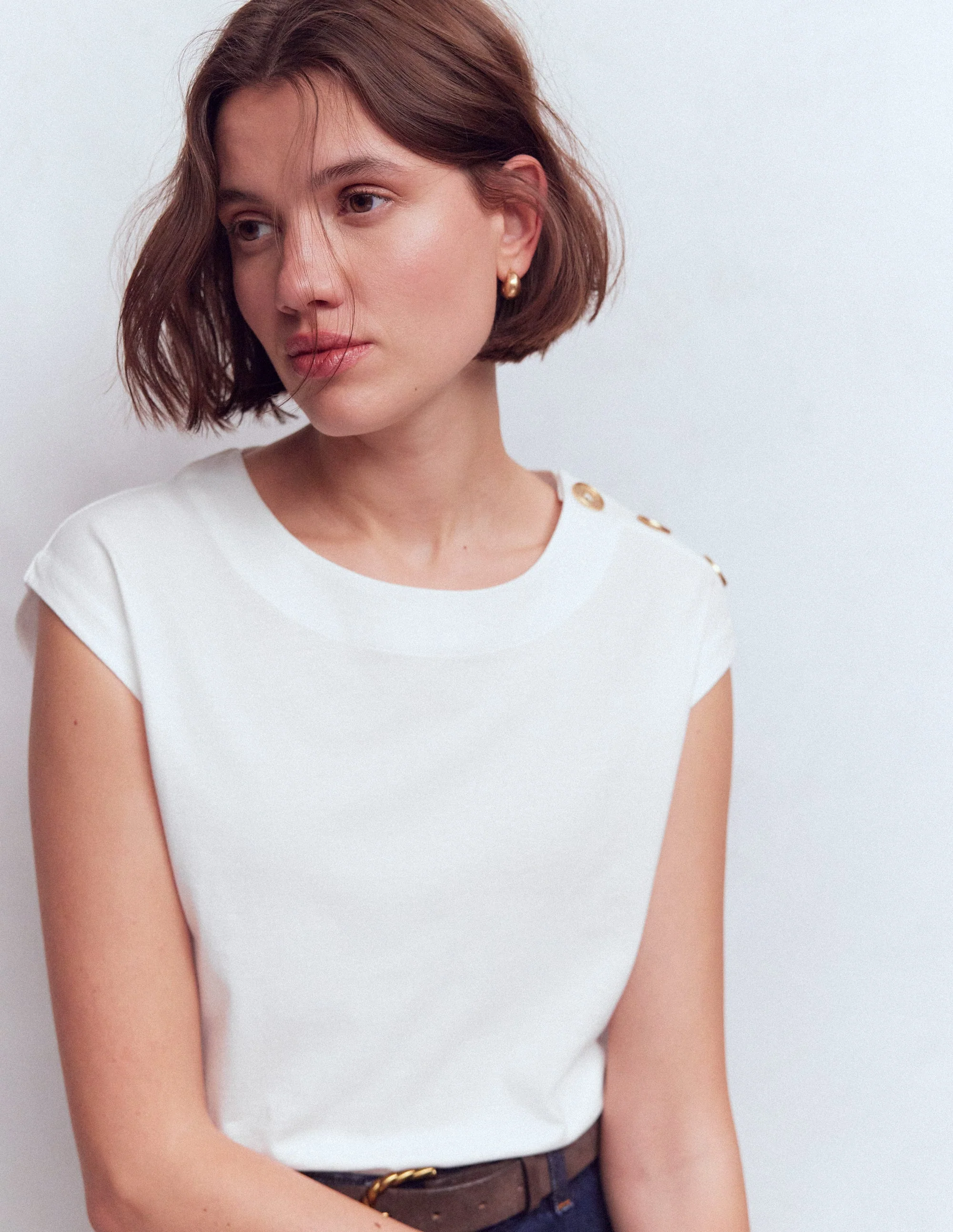Button Detail T-Shirt-White - Image 2
