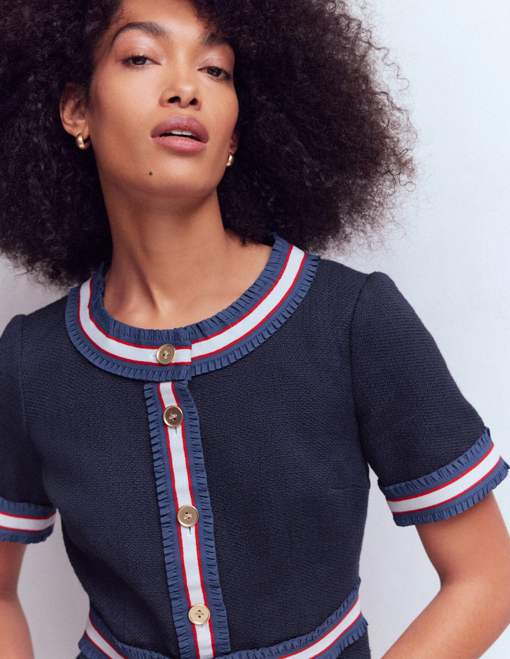 Button Short Dress-Navy Ribbon Trim - Image 2