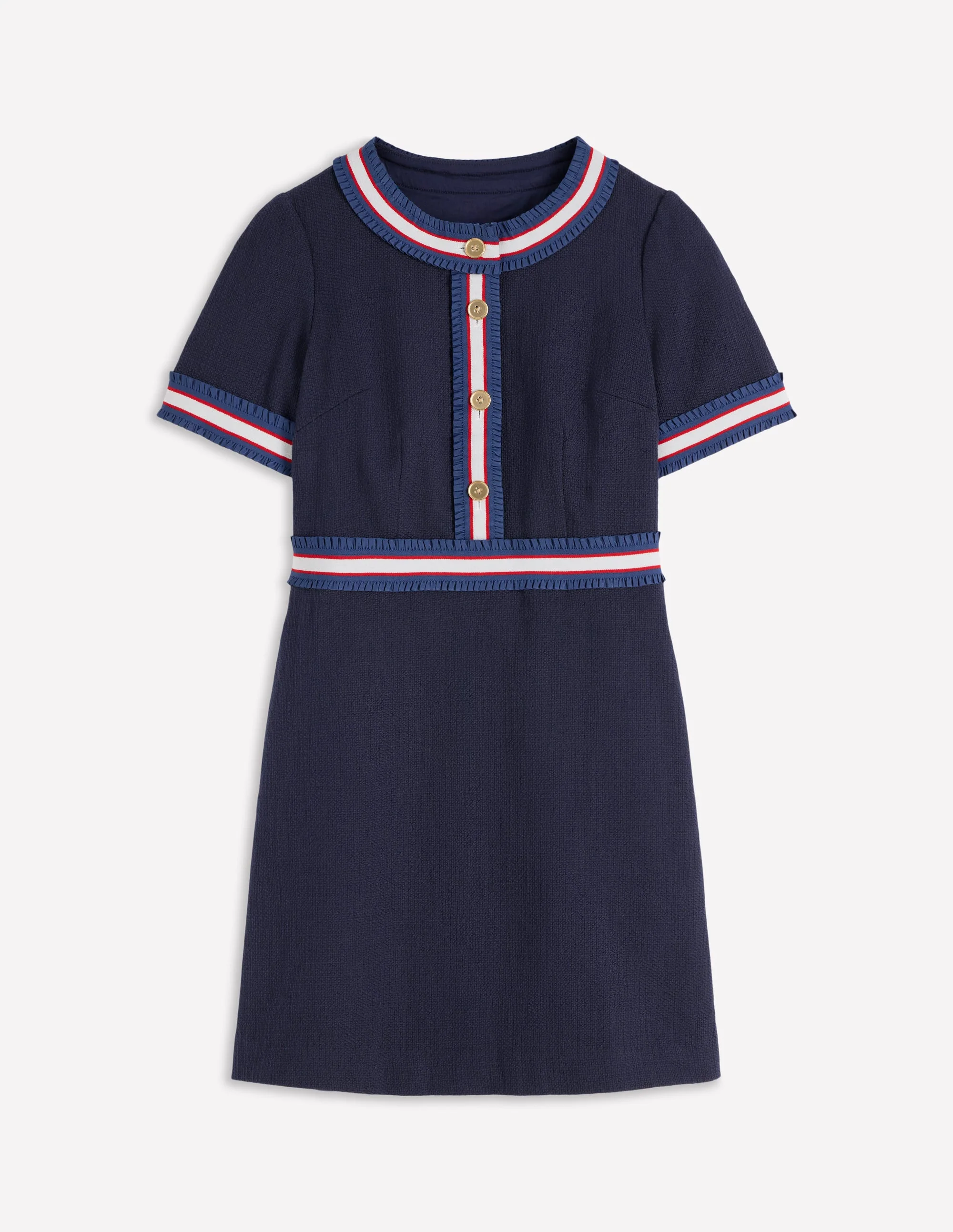 Button Short Dress-Navy Ribbon Trim - Image 5