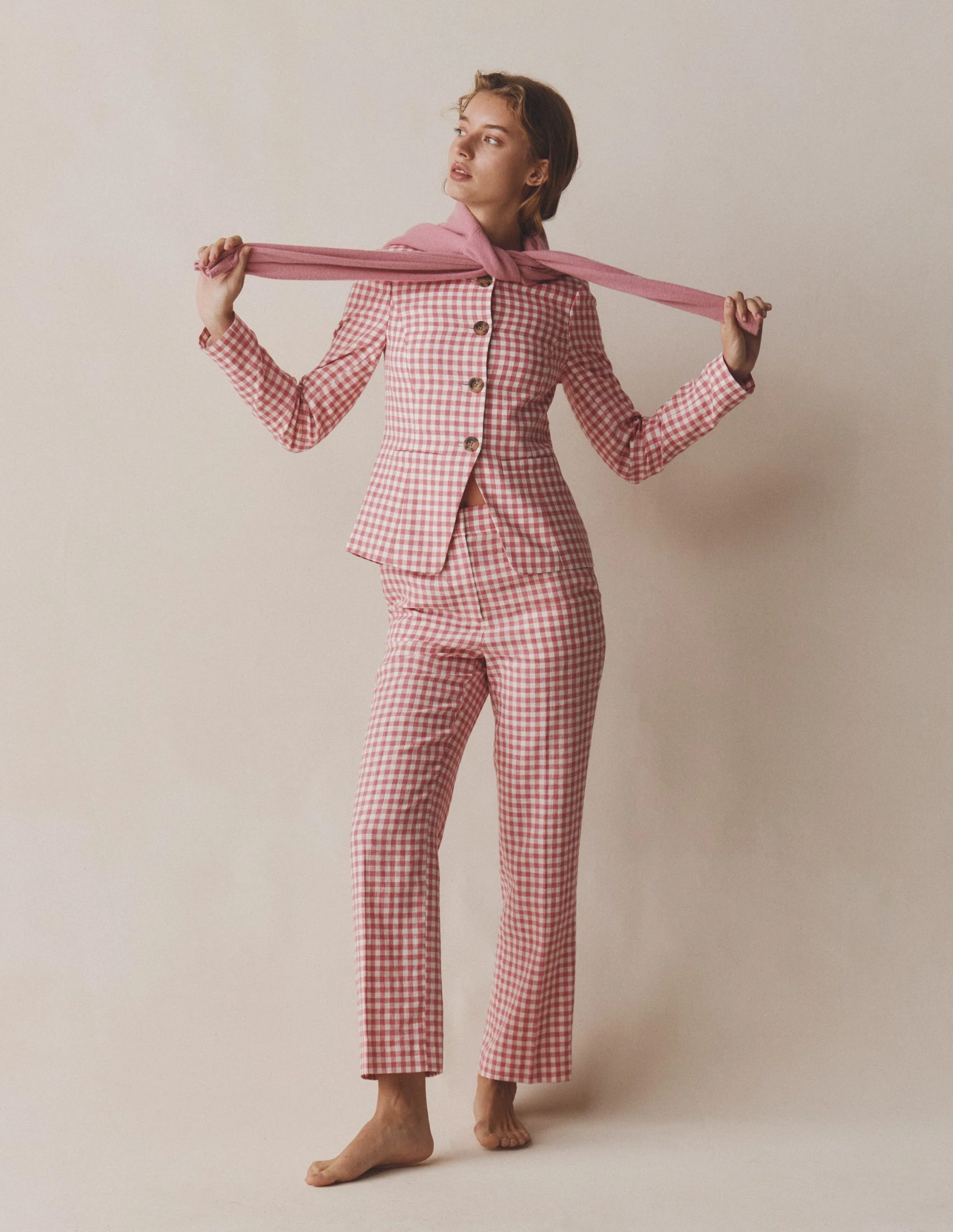 Canonbury Linen Trousers-Dusty Rose and Ivory Gingham - Image 2