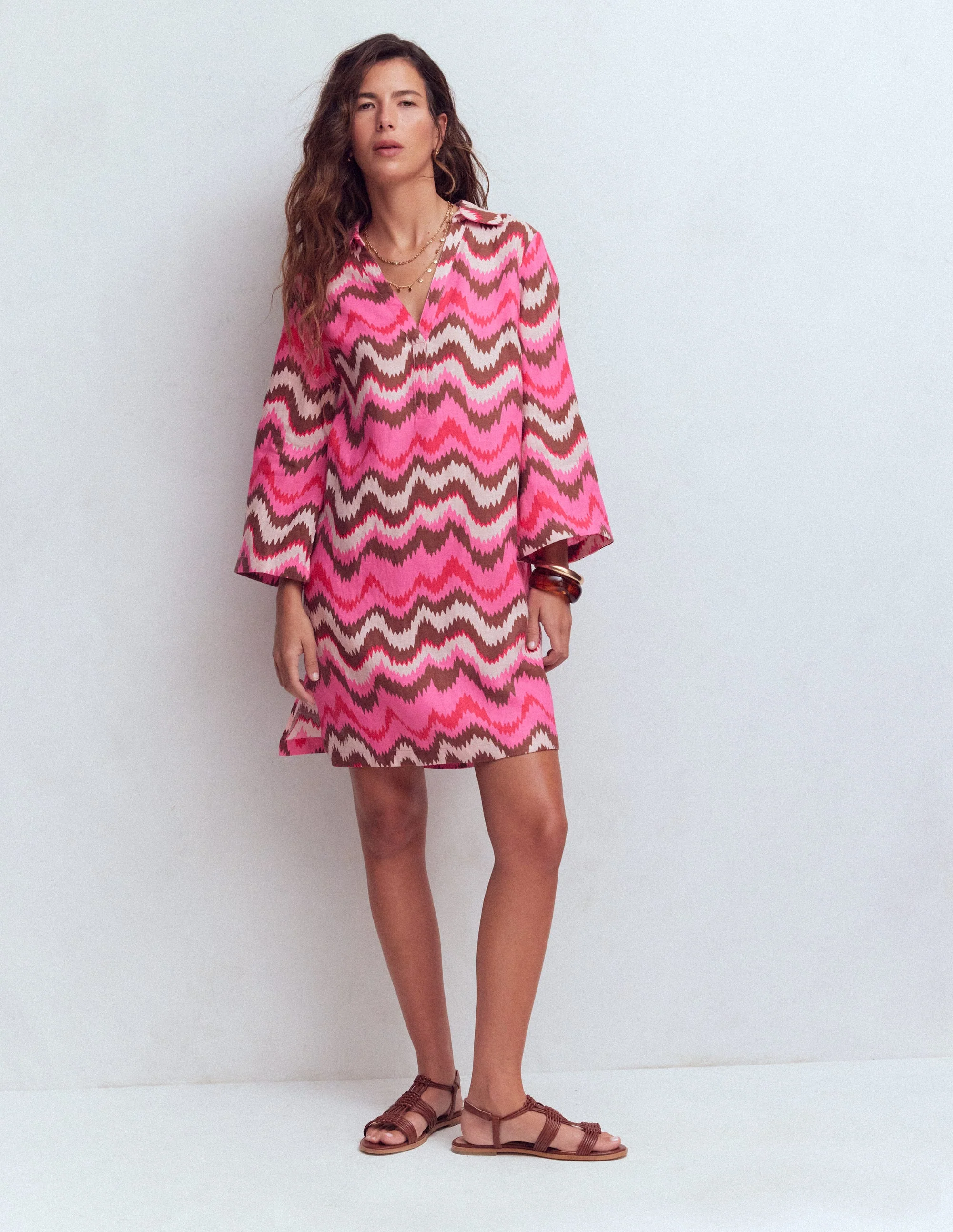 Carmen Linen Short Dress-Pink, Zig Zag Wave - Image 4