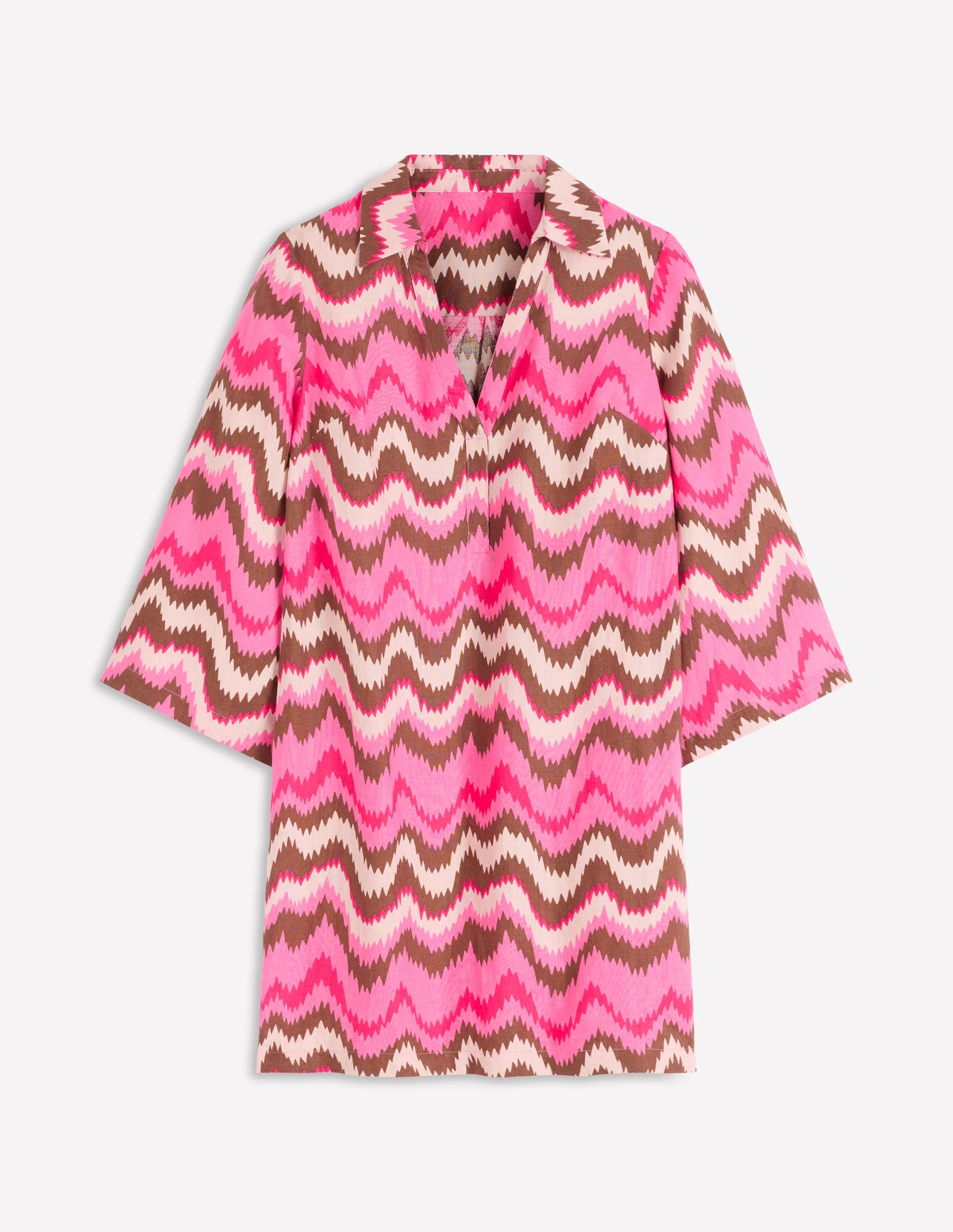 Carmen Linen Short Dress-Pink, Zig Zag Wave - Image 5