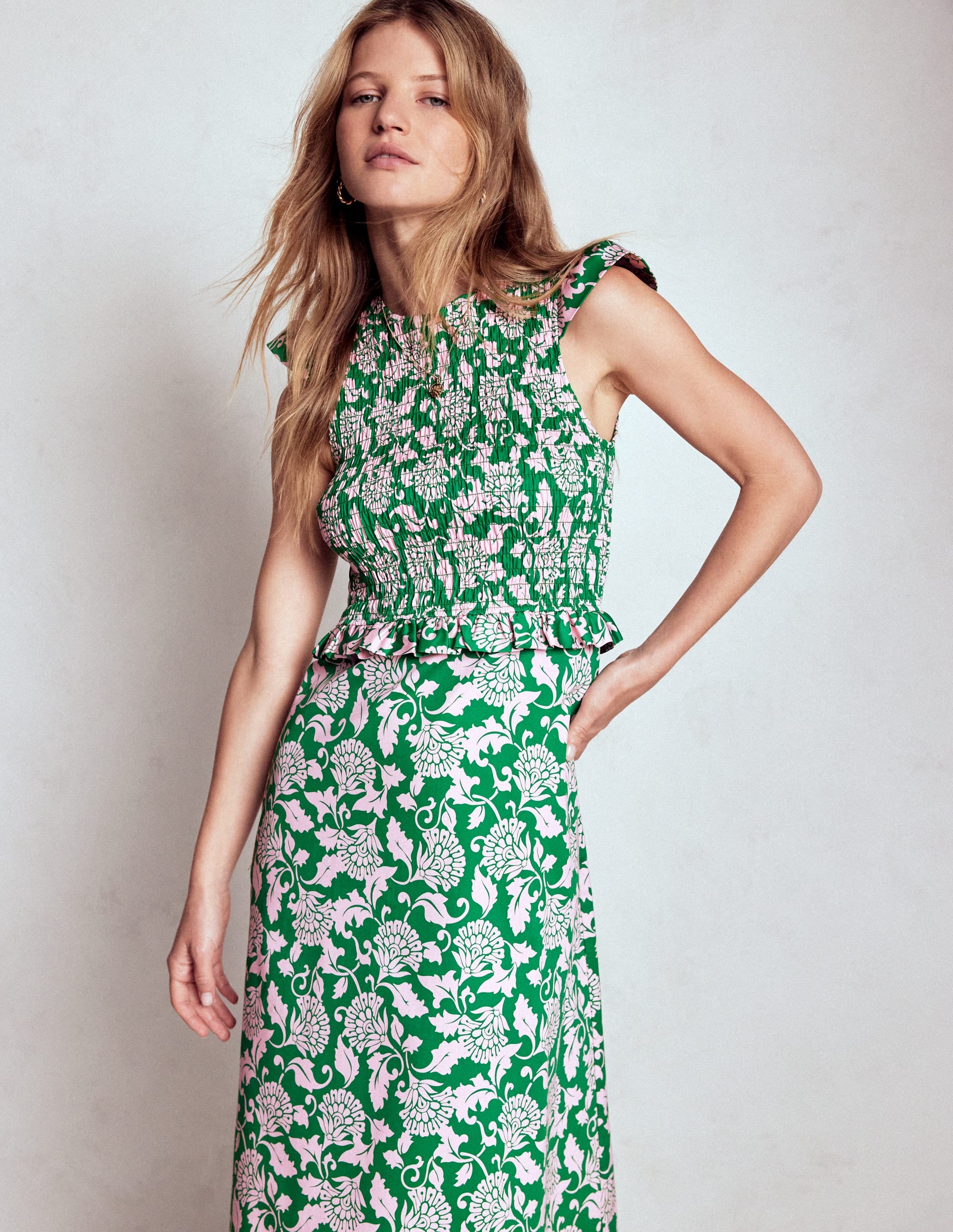Carolina Smocked Midi Dress-Rich Emerald, Ornate Vine - Image 4