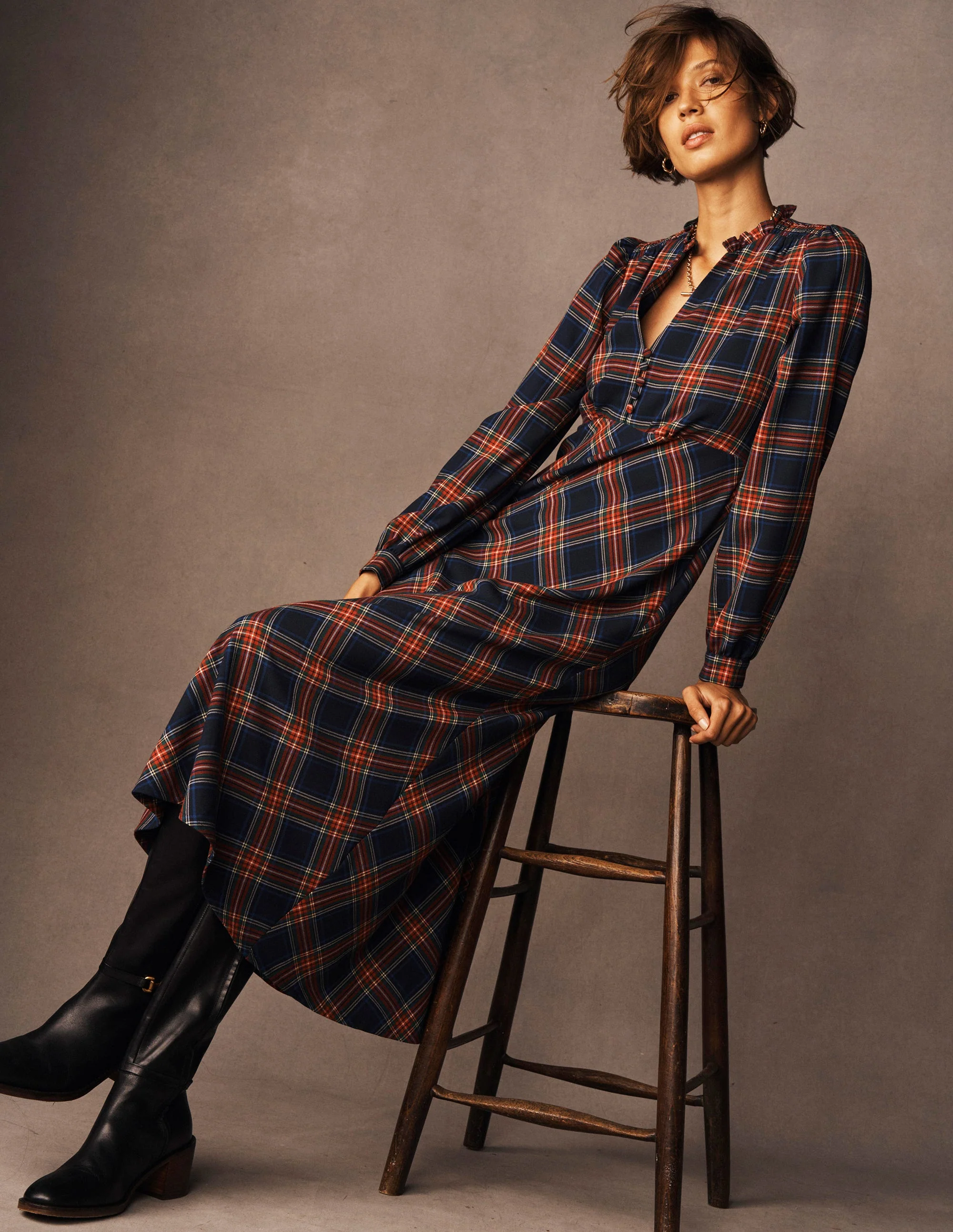 Cassie Check Tea Dress-Navy, Green and Red Check - Image 5
