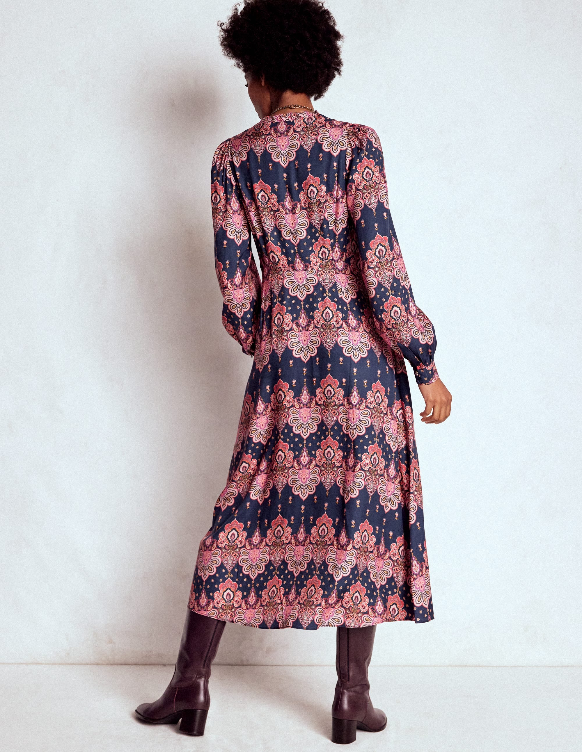 Cassie Smocked Tea Dress-Navy, Embellished Paisley - Image 3
