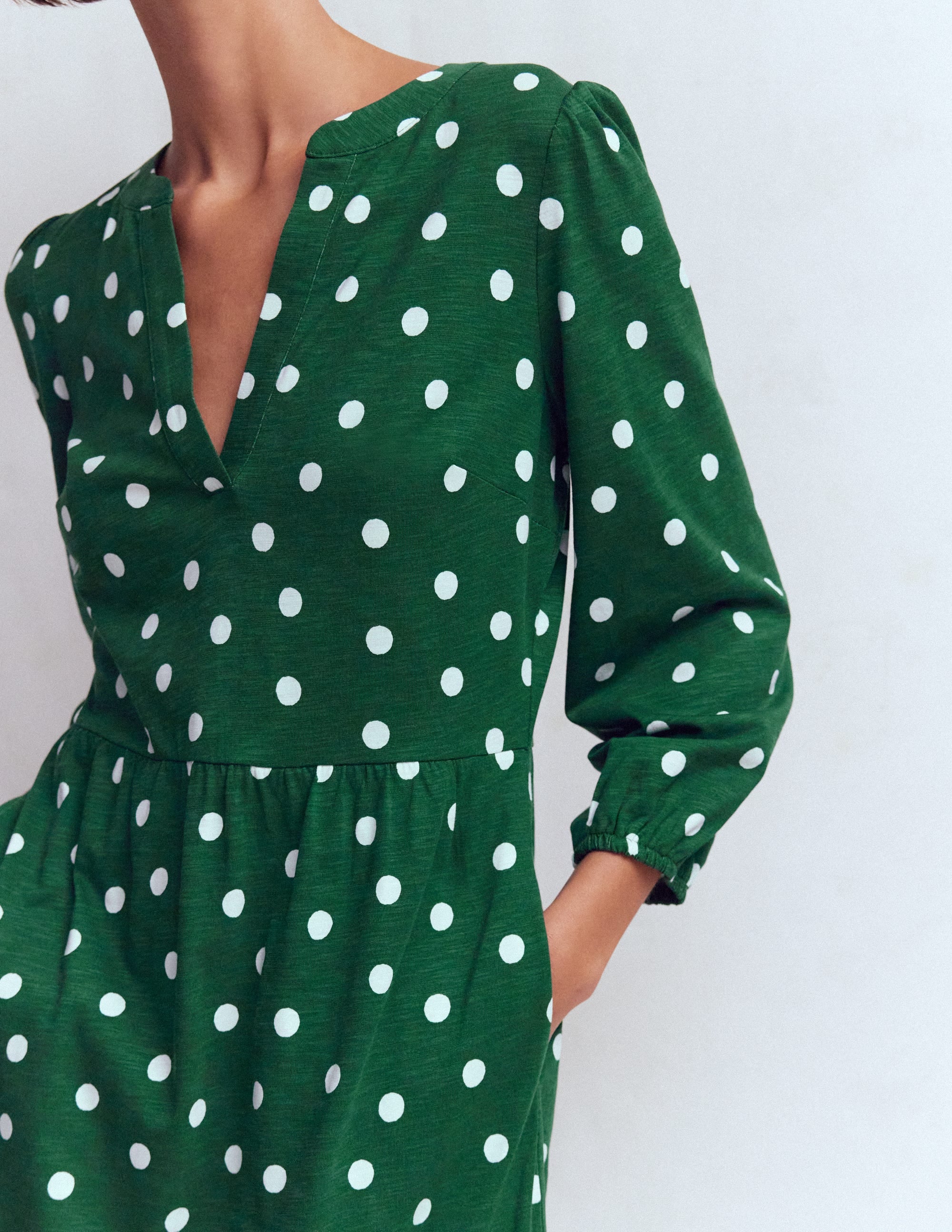 Cathy Notch Neck Jersey Dress-Hunter Green, Painted Dot - Image 2