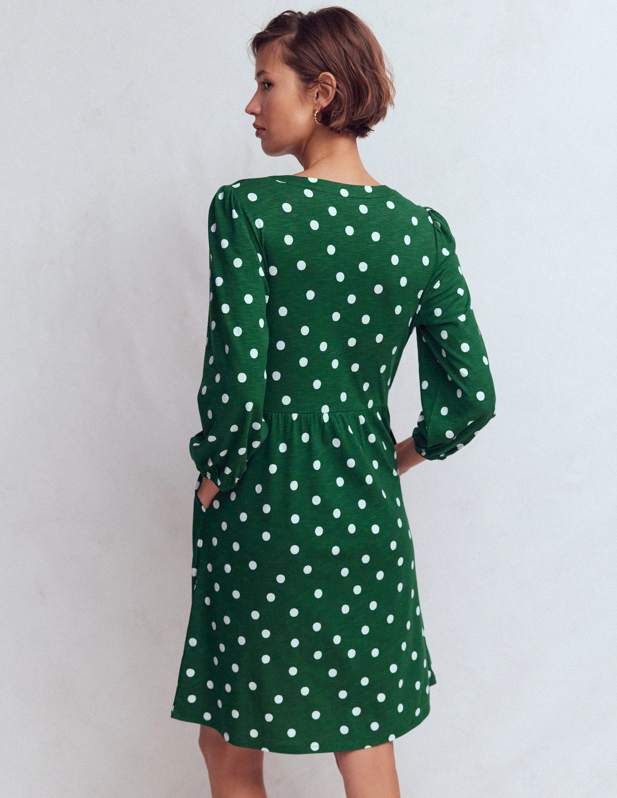 Cathy Notch Neck Jersey Dress-Hunter Green, Painted Dot - Image 3