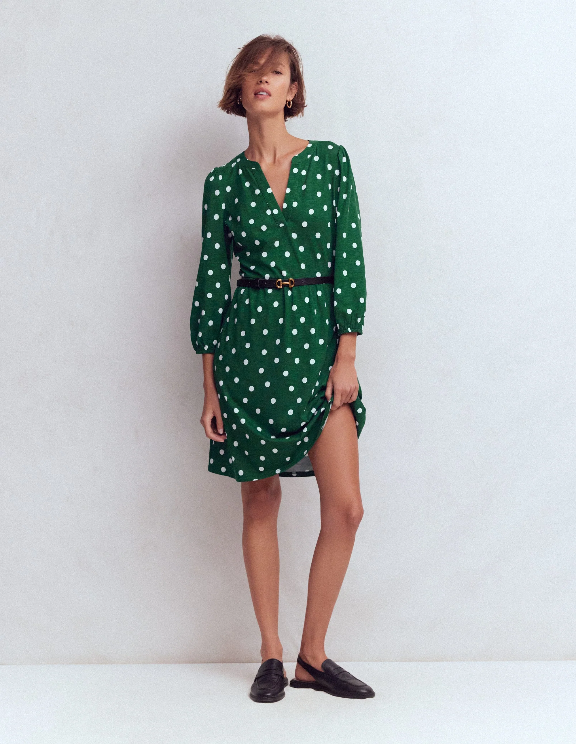 Cathy Notch Neck Jersey Dress-Hunter Green, Painted Dot - Image 4