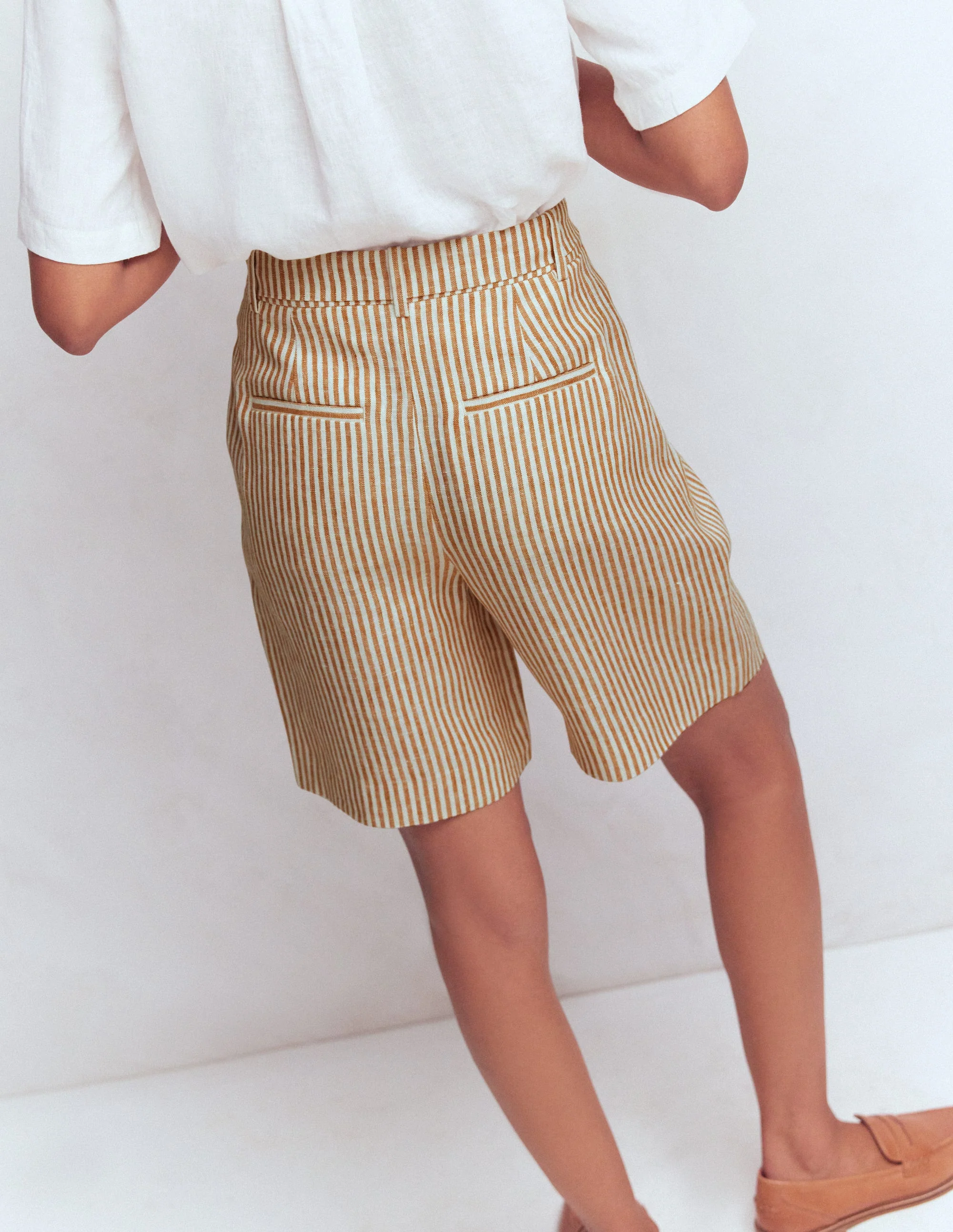 Chelsea Belted Linen Shorts-Brown, Ivory Ticking Stripe - Image 2