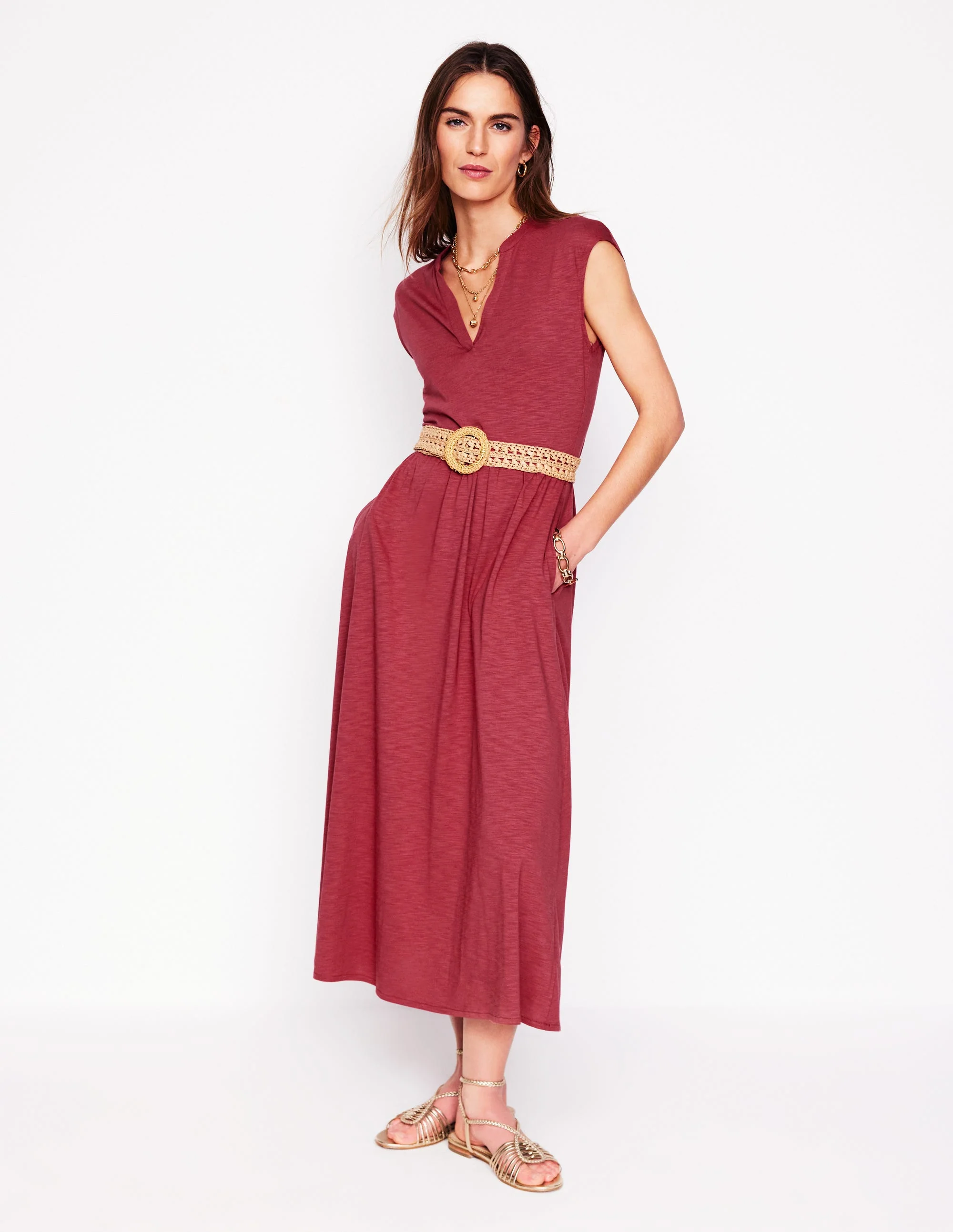 Chloe Jersey Midi Dress-Terracotta Red - Image 4