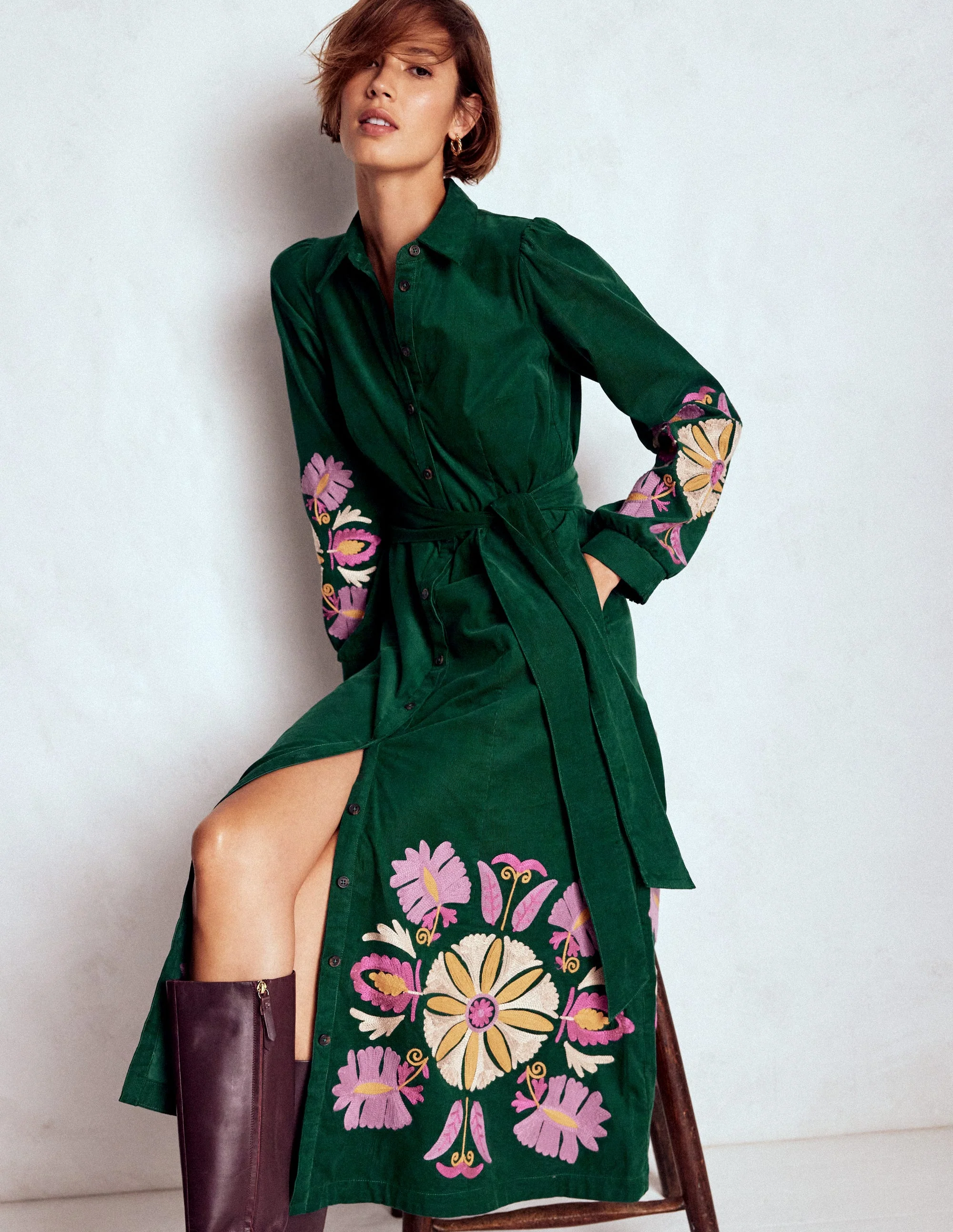 Clara Cord Midi Dress-Emerald Night, Embroidery