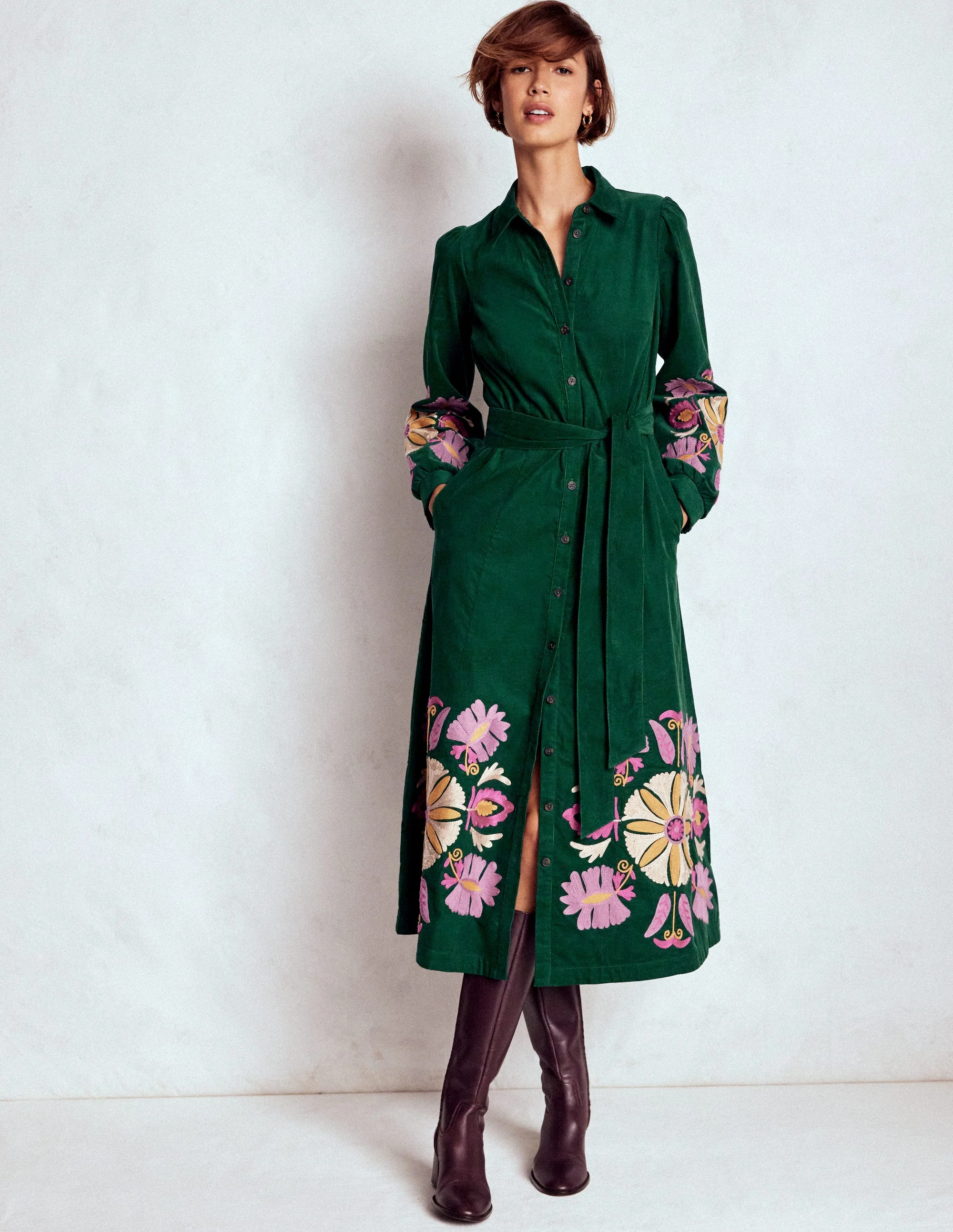 Clara Cord Midi Dress-Emerald Night, Embroidery - Image 4