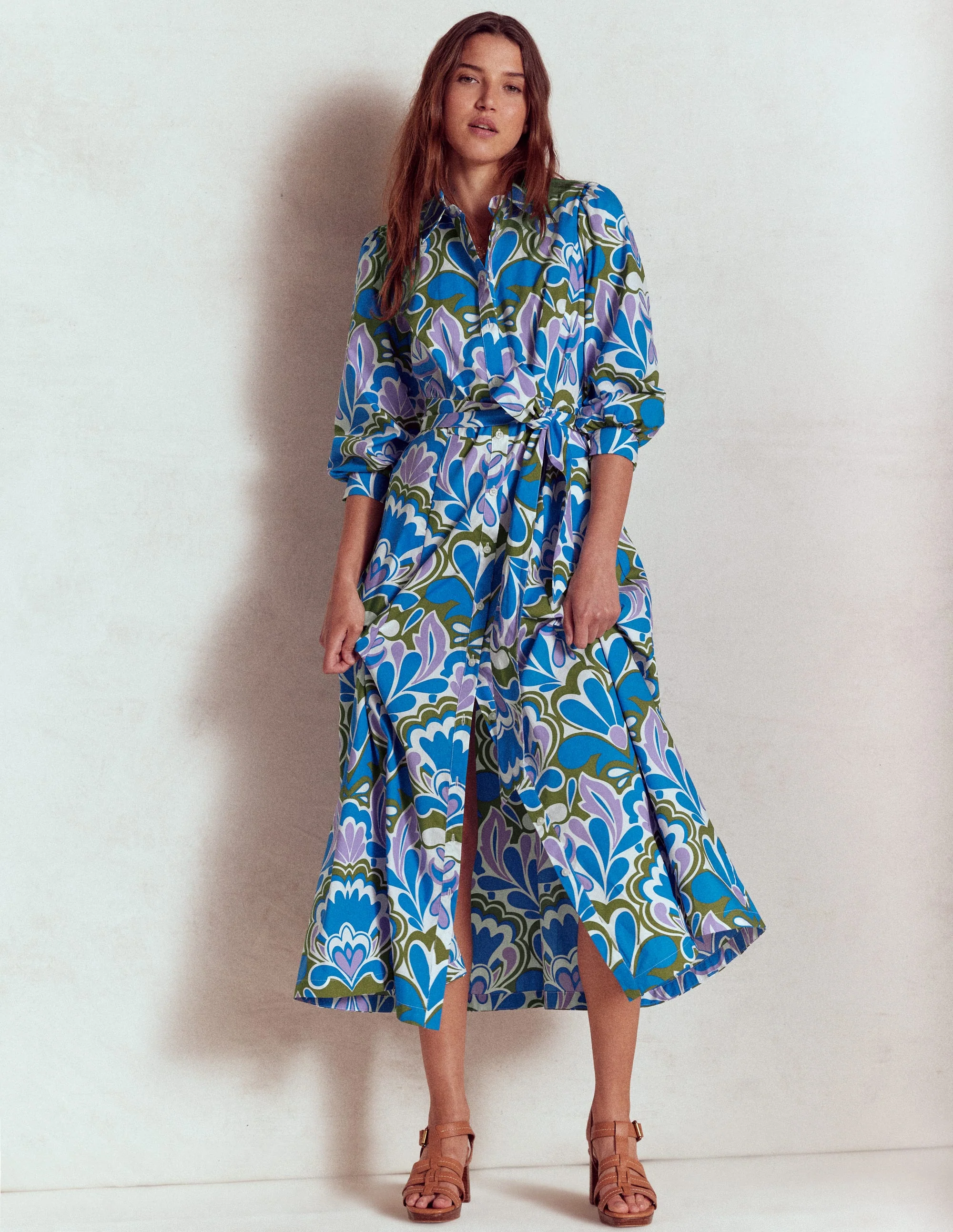 Clara Cotton Shirt Dress-Kingfisher Blue, Freesia Stamp - Image 6