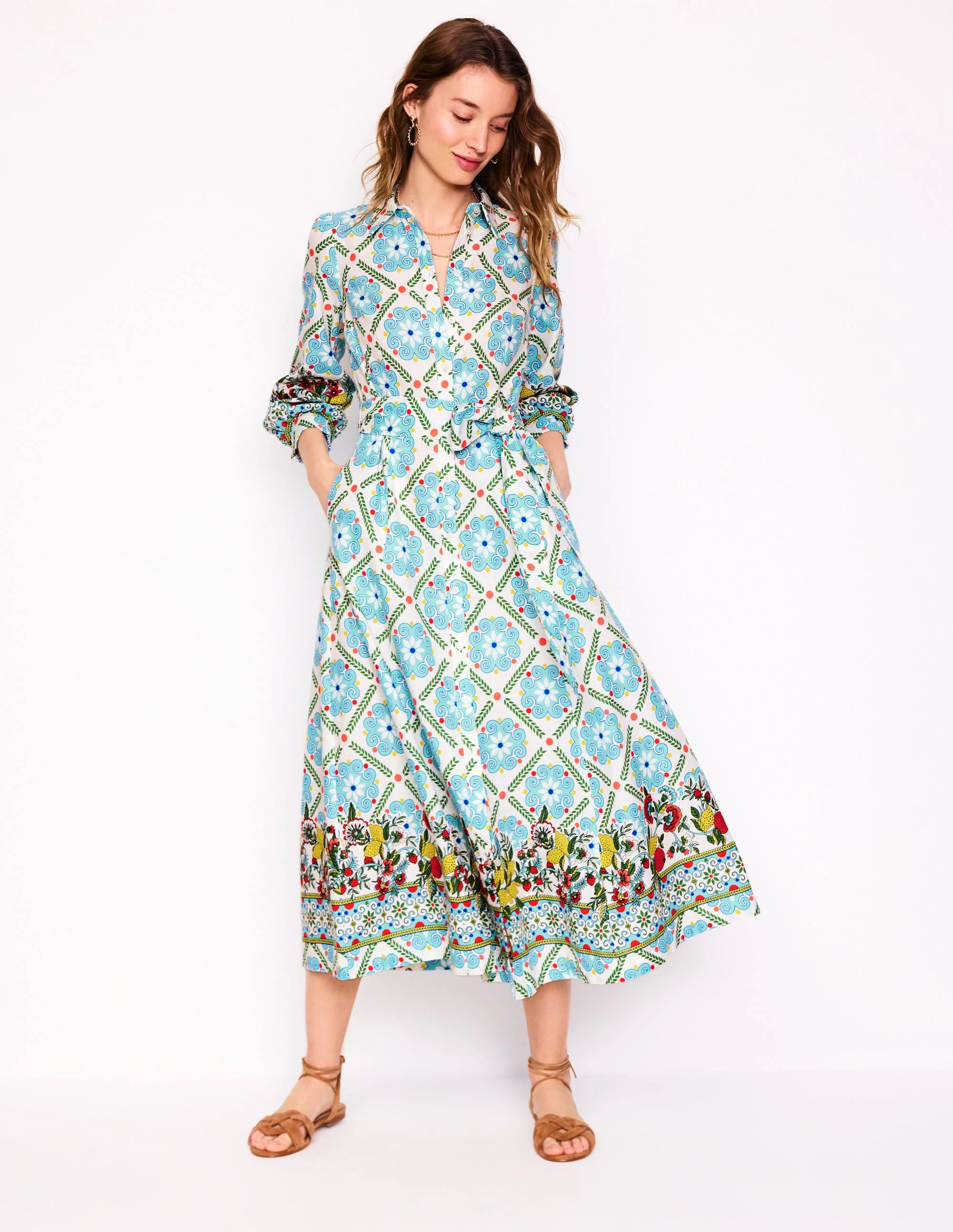 Clara Linen Blend Shirt Dress-Multi, Citrus Vine Tile - Image 4