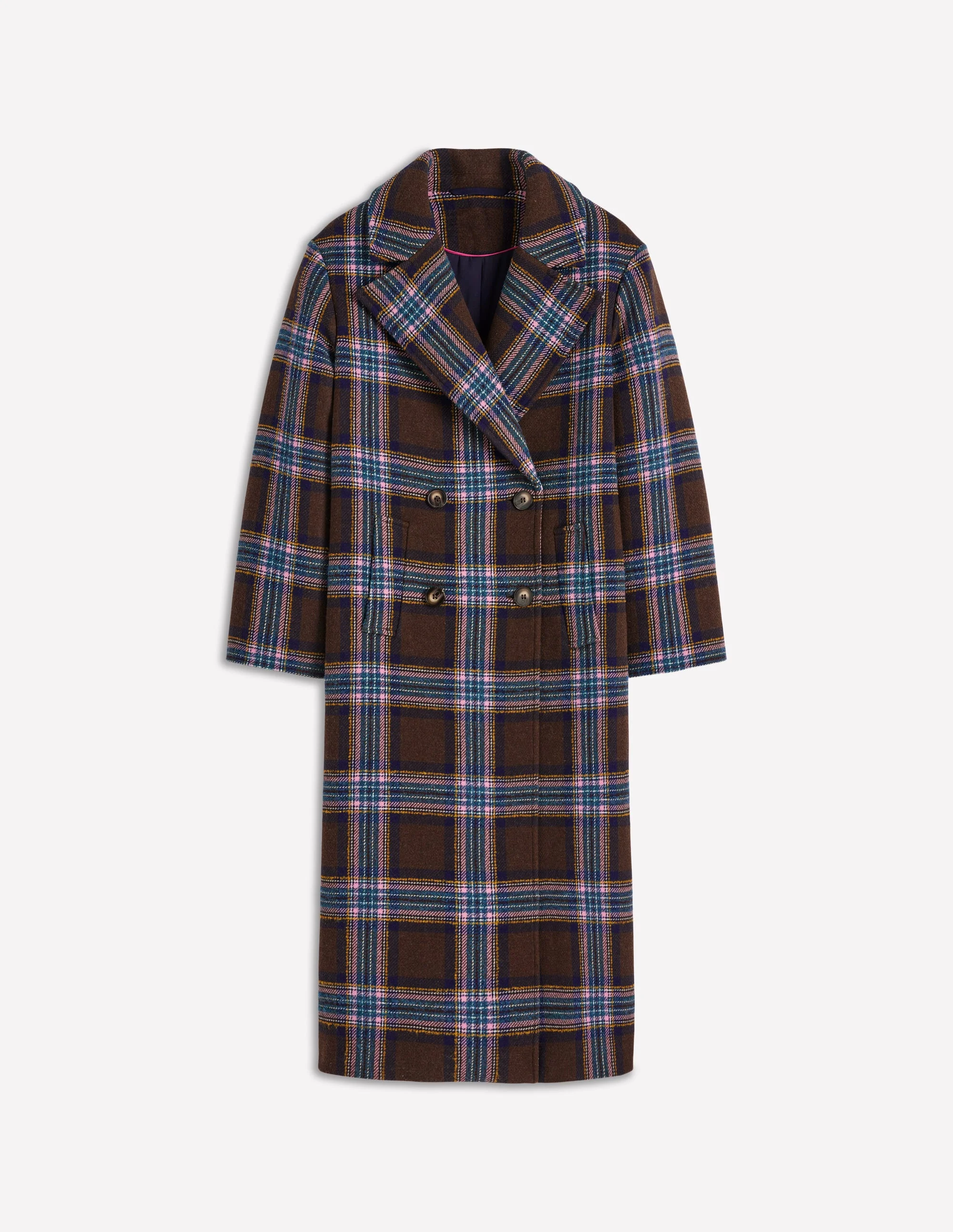 Cocoon Wool Coat-Brown, Teal and Pink Check - Image 7