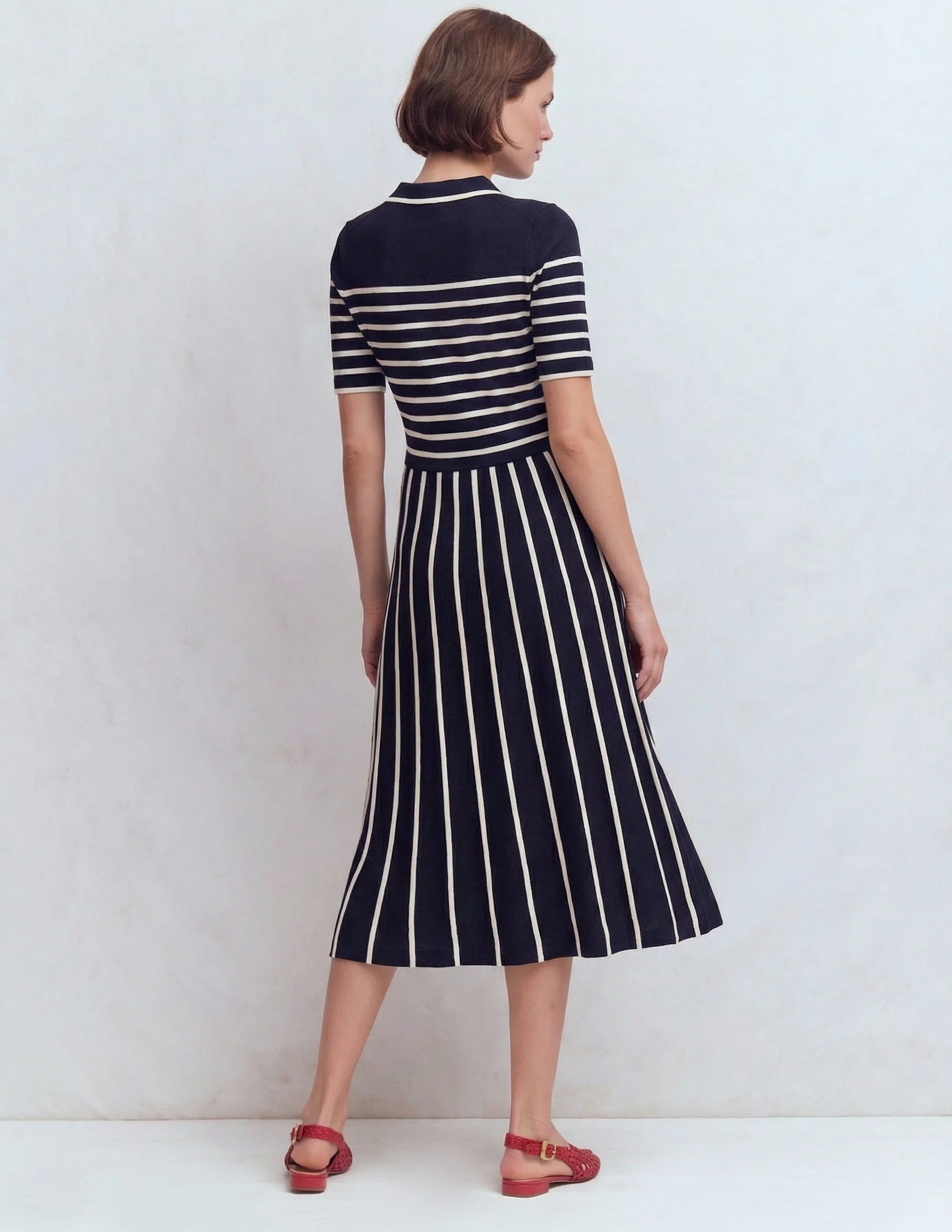 Collared Knitted Midi Dress-French Navy and Ivory Stripe - Image 2