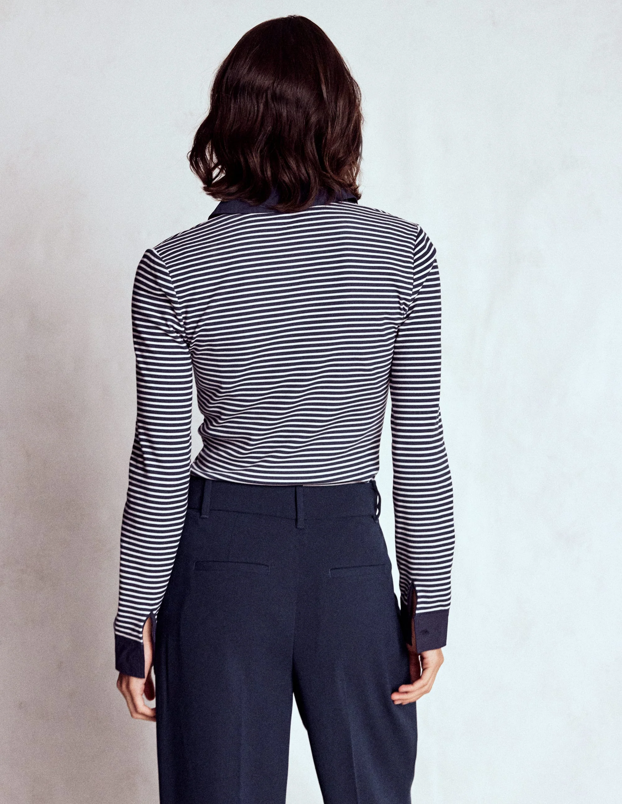 Collared Placket Jersey Shirt-Navy, Ivory Stripe - Image 3