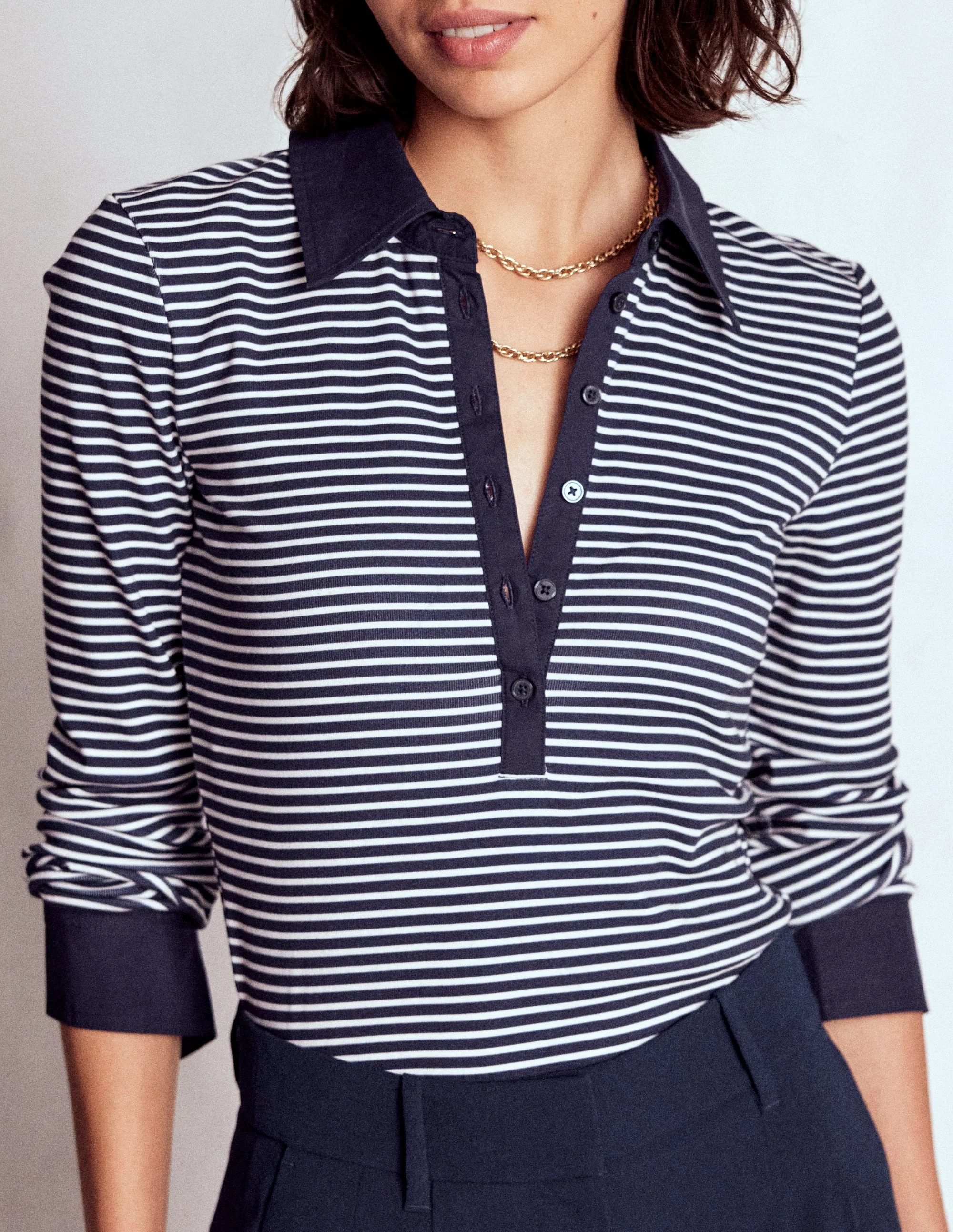 Collared Placket Jersey Shirt-Navy, Ivory Stripe - Image 4