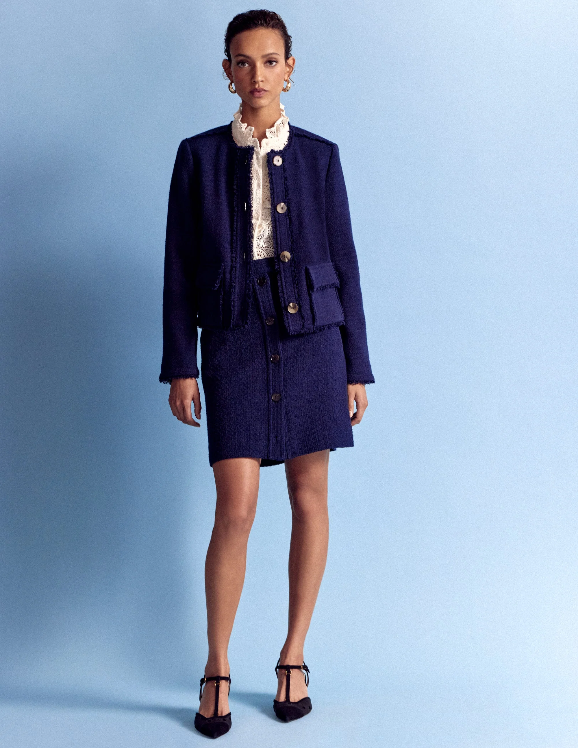 Collarless Textured Jacket-Navy - Image 5