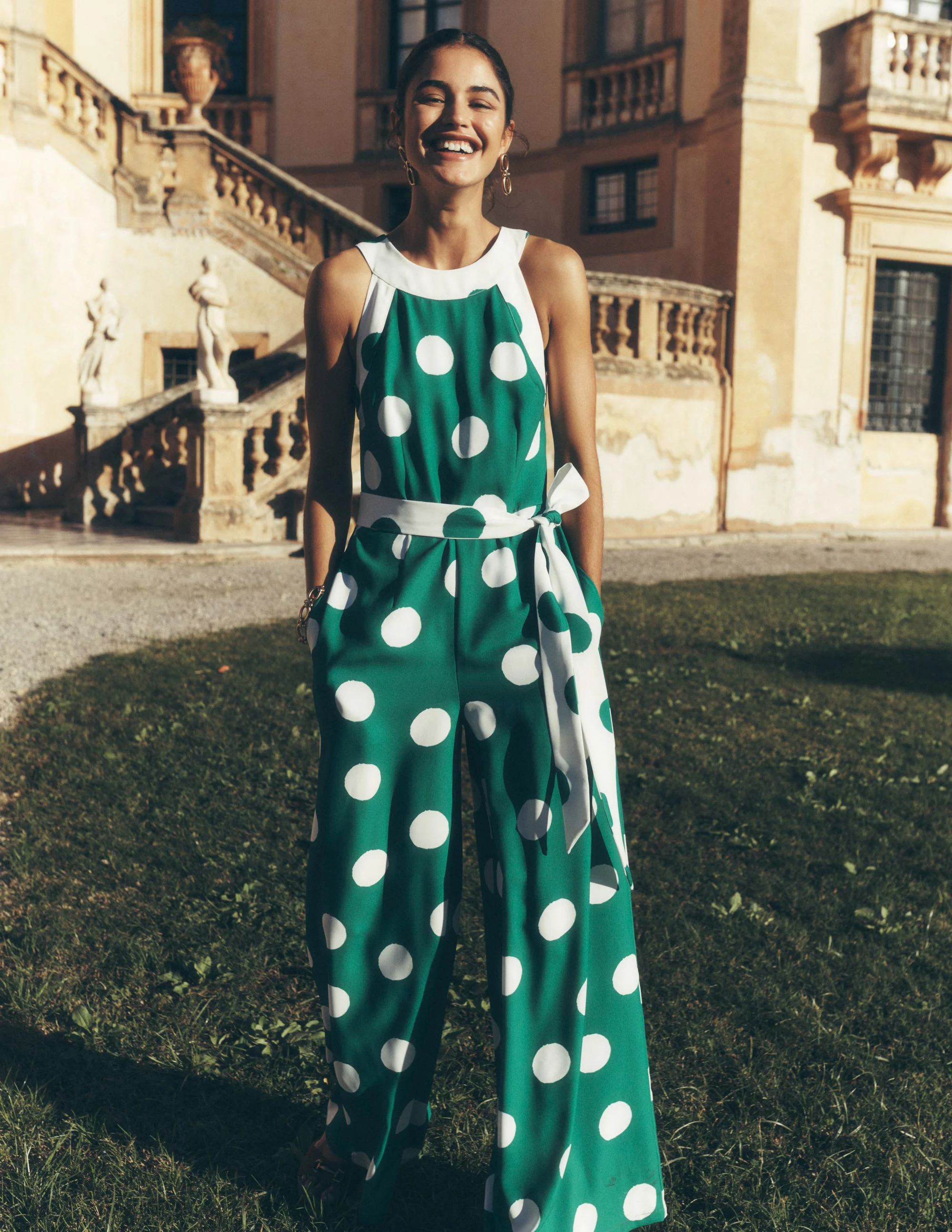 Colourblock Halter Jumpsuit-Rich Emerald, Abstract Dot - Image 2