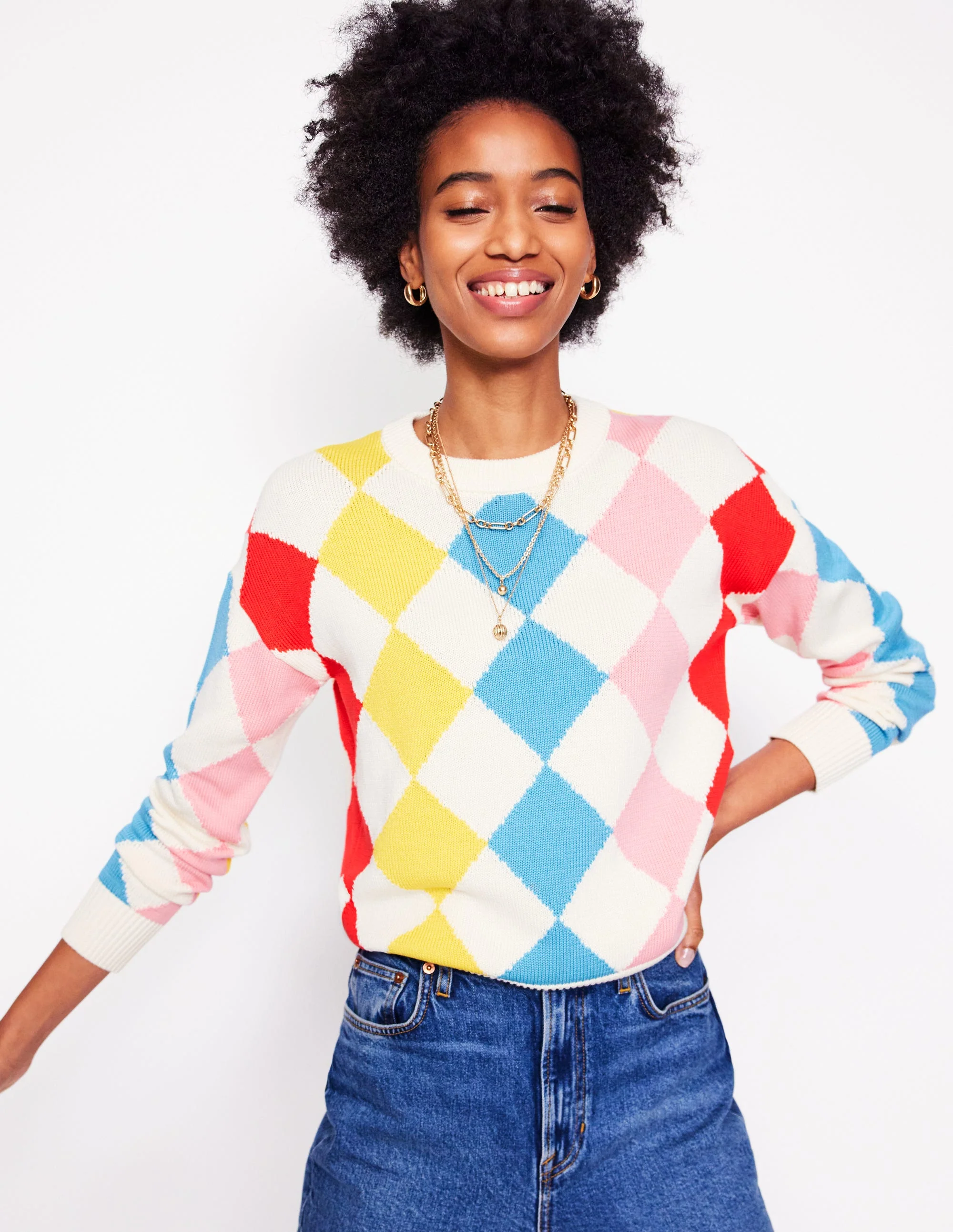 Cotton Argyle Jumper-Pink, Light Blue Argyle