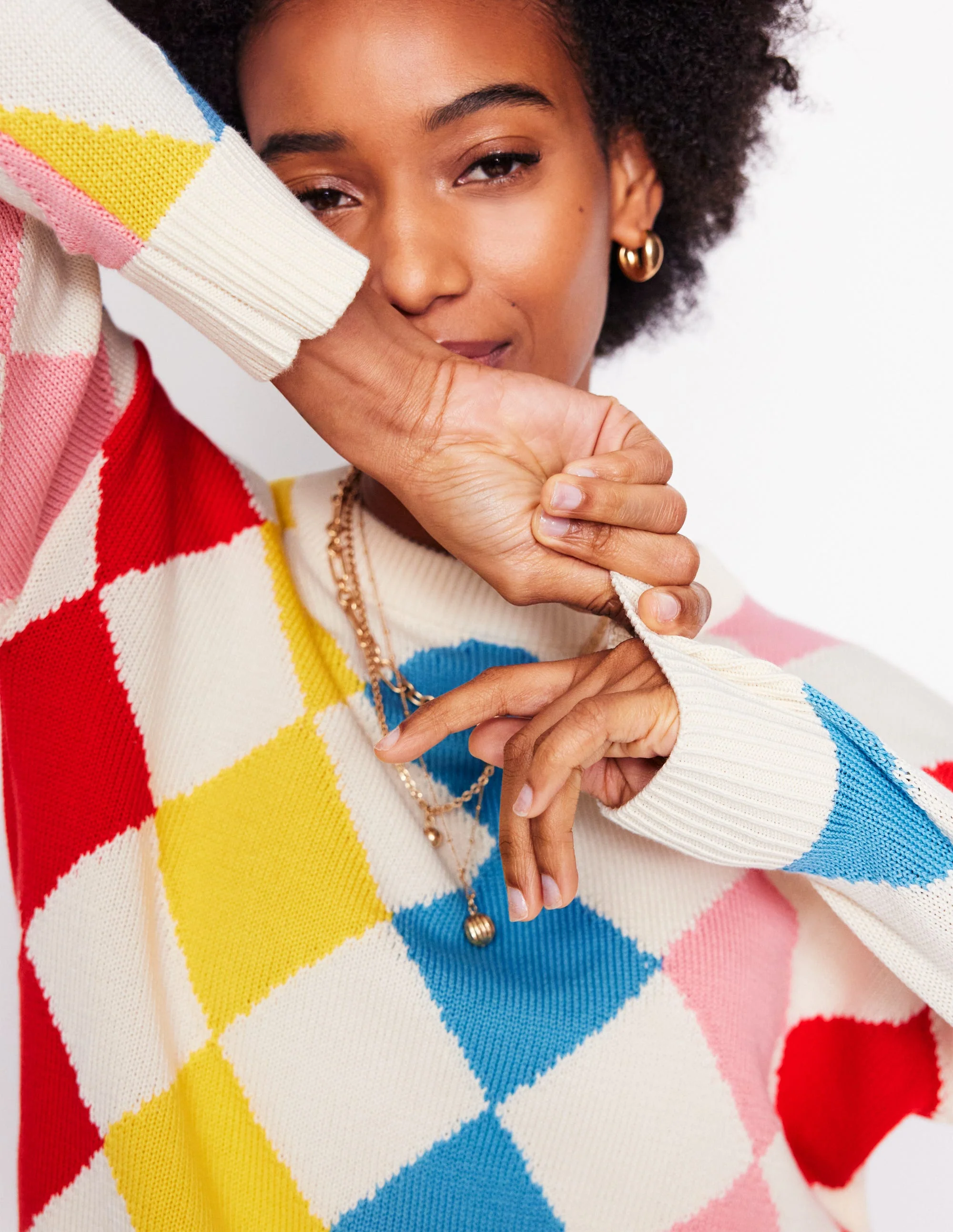 Cotton Argyle Jumper-Pink, Light Blue Argyle - Image 2