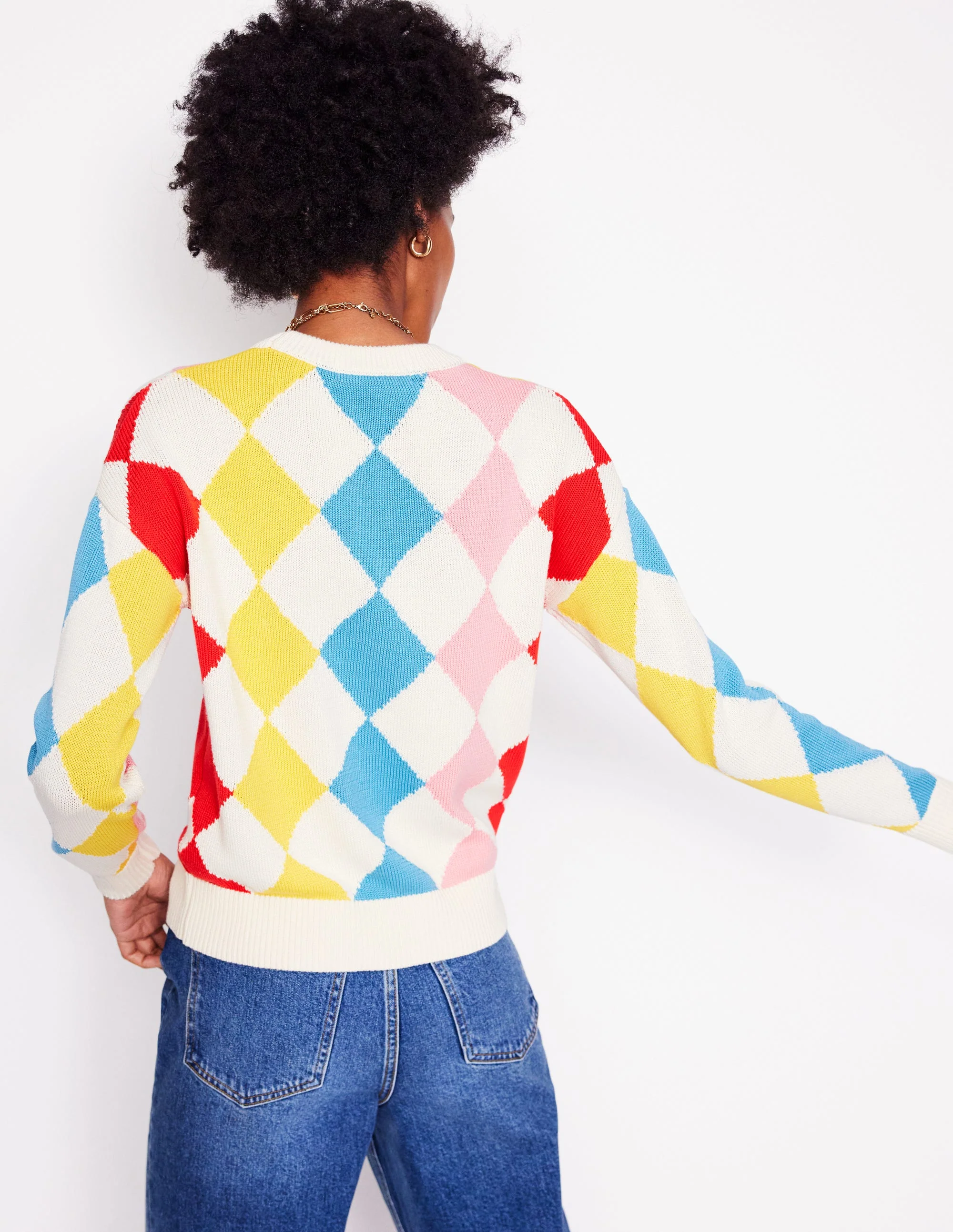 Cotton Argyle Jumper-Pink, Light Blue Argyle - Image 3
