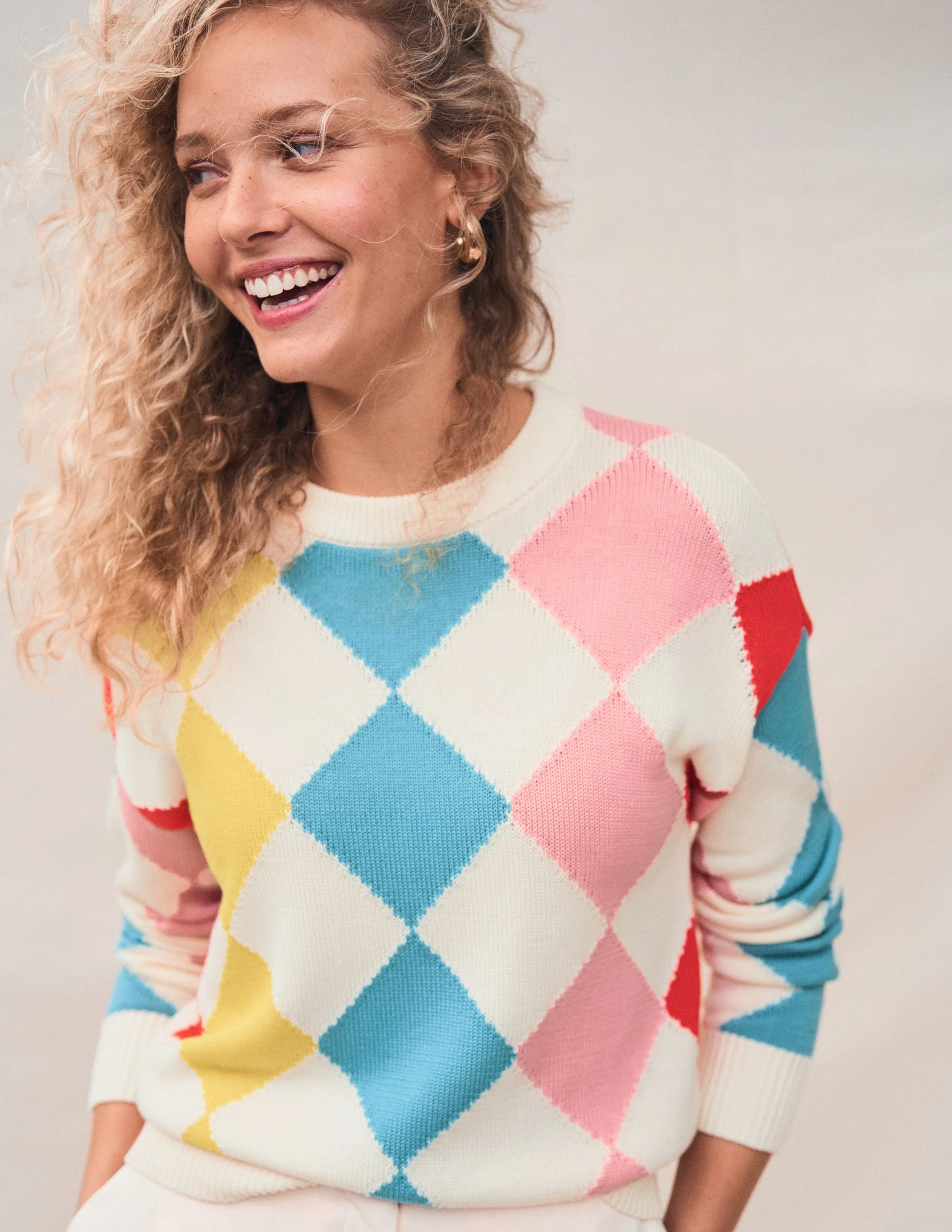 Cotton Argyle Jumper-Pink, Light Blue Argyle - Image 5