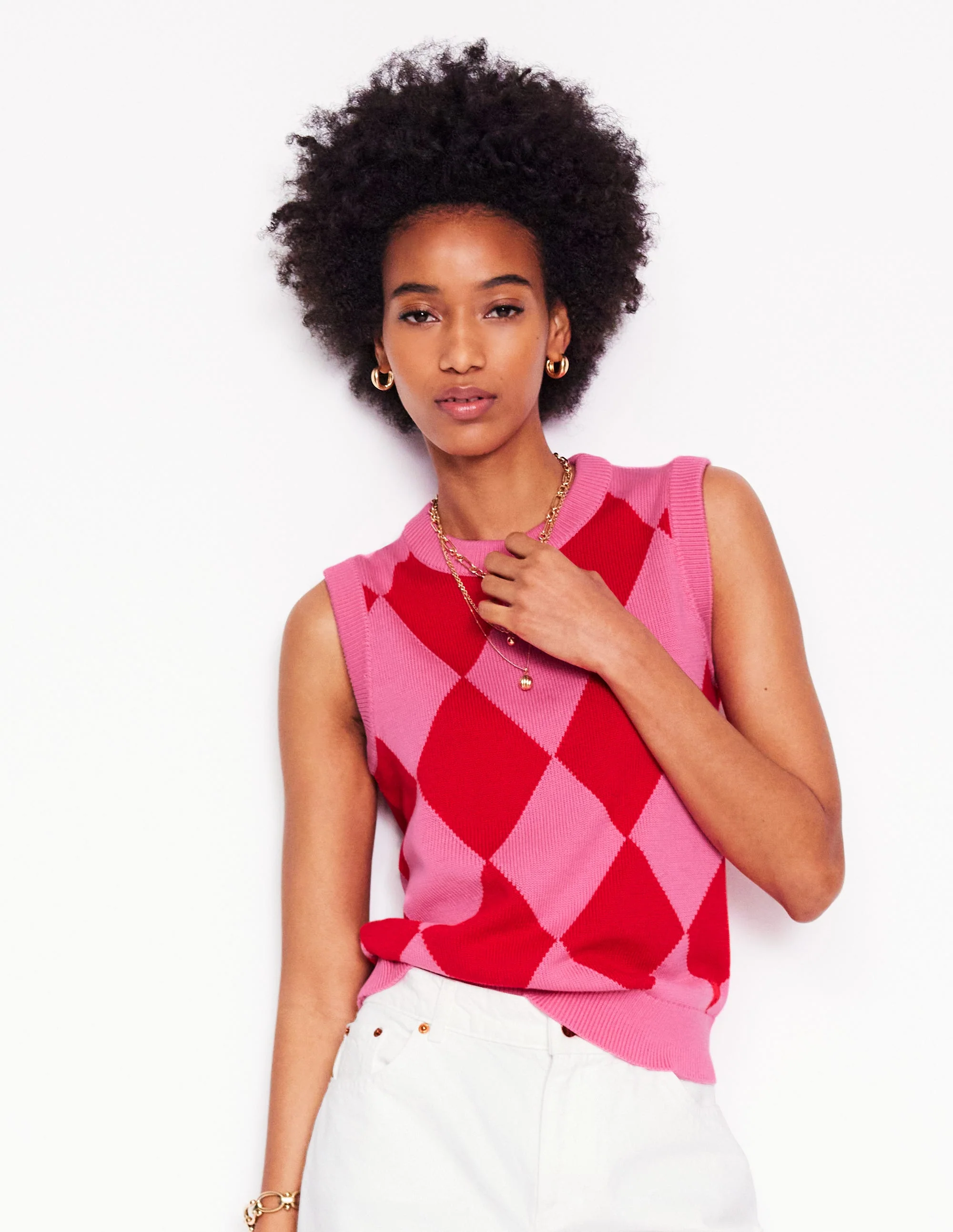 Cotton Argyle Tank-Pink Rose and Poppy Red Argyle - Image 5