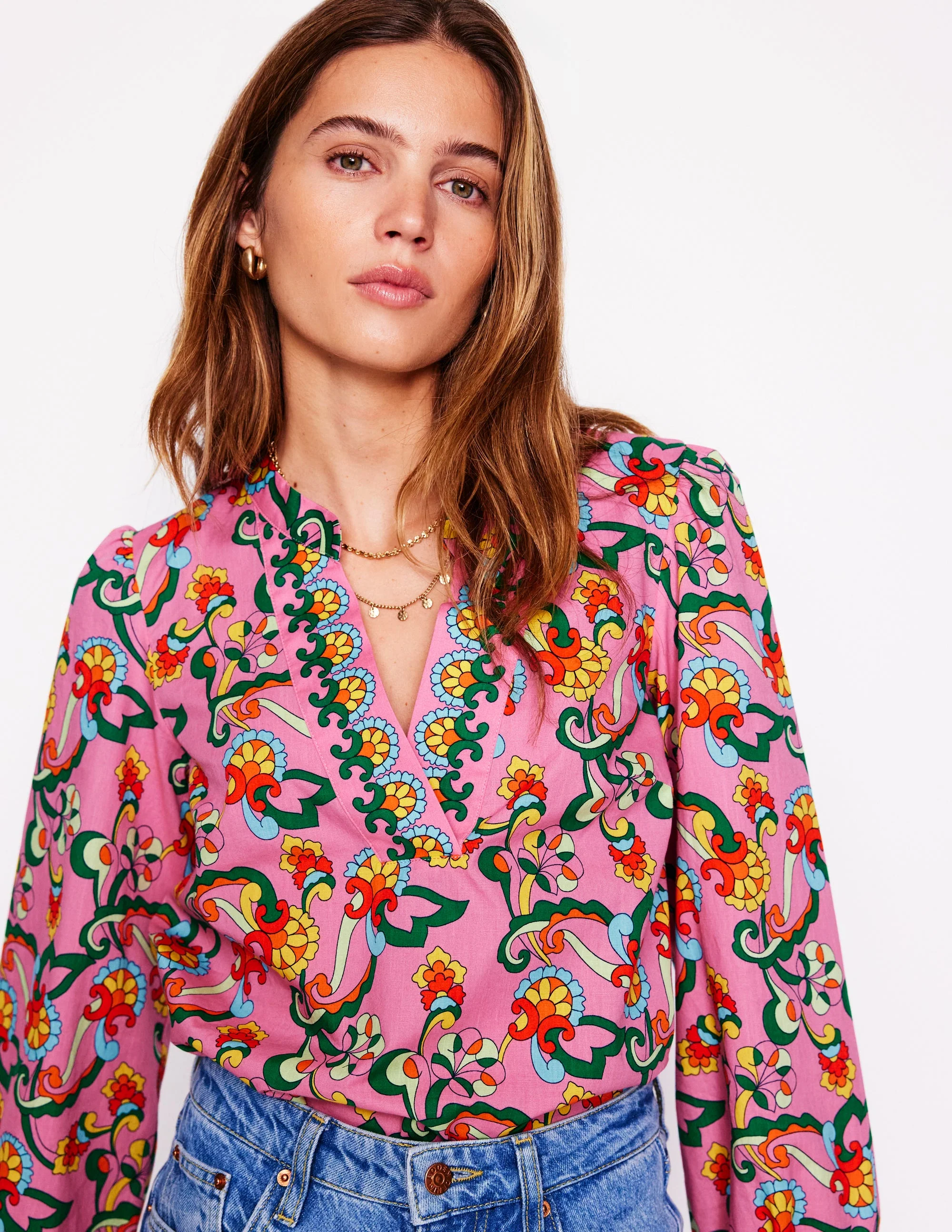 Cotton Notch Neck Top-Pink Rose, Foliage Trail - Image 2