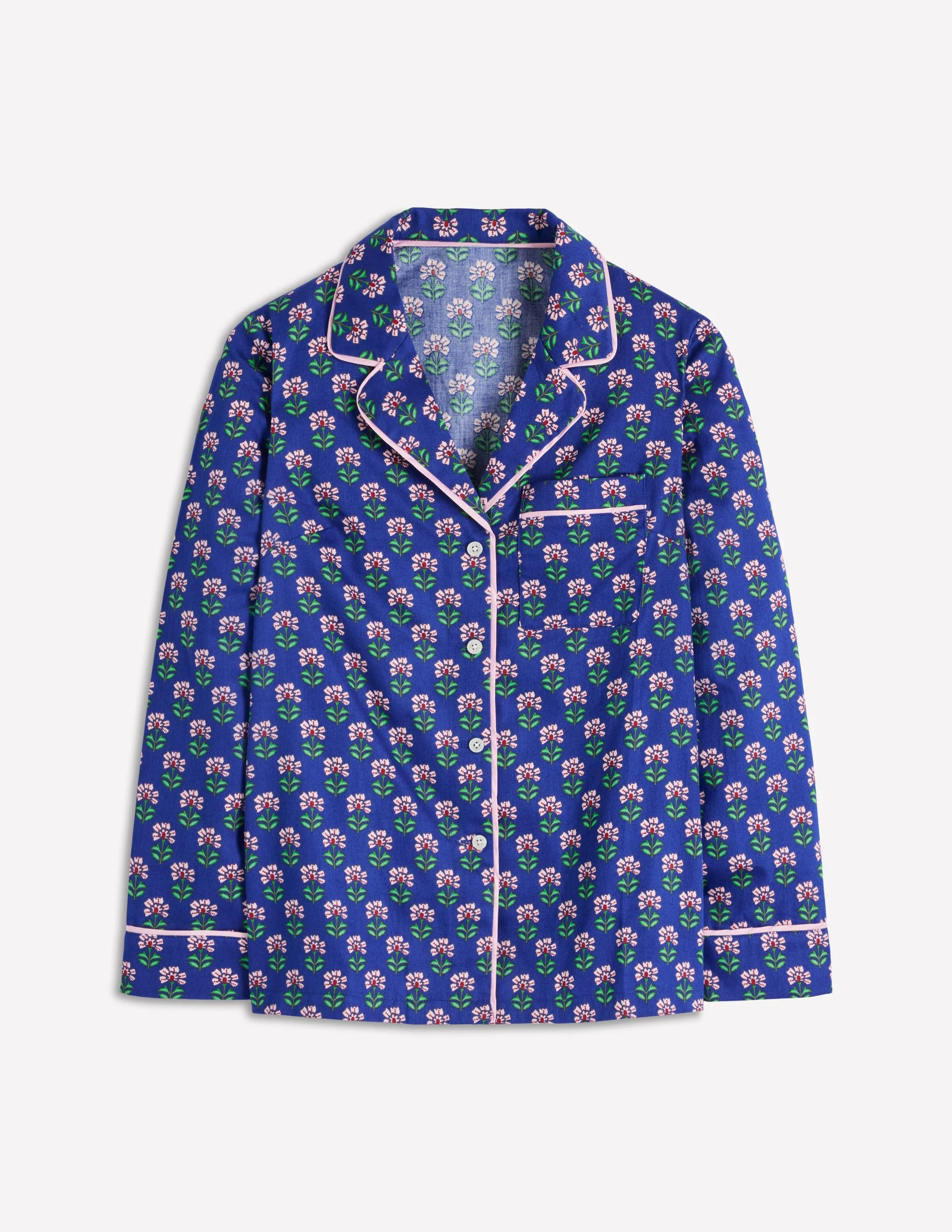 Cotton Pyjama Shirt-Bright Blue, Woodblock Flower - Image 5