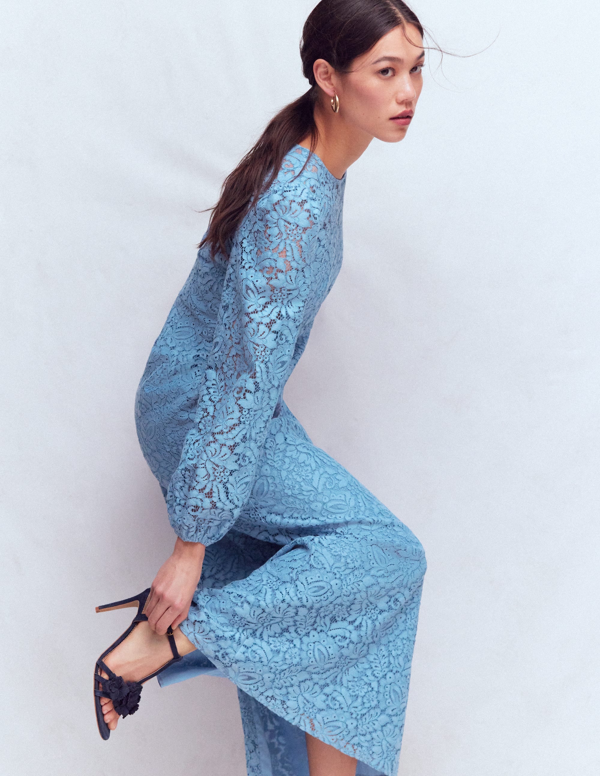 Crew Neck Lace Midi Dress-Blue