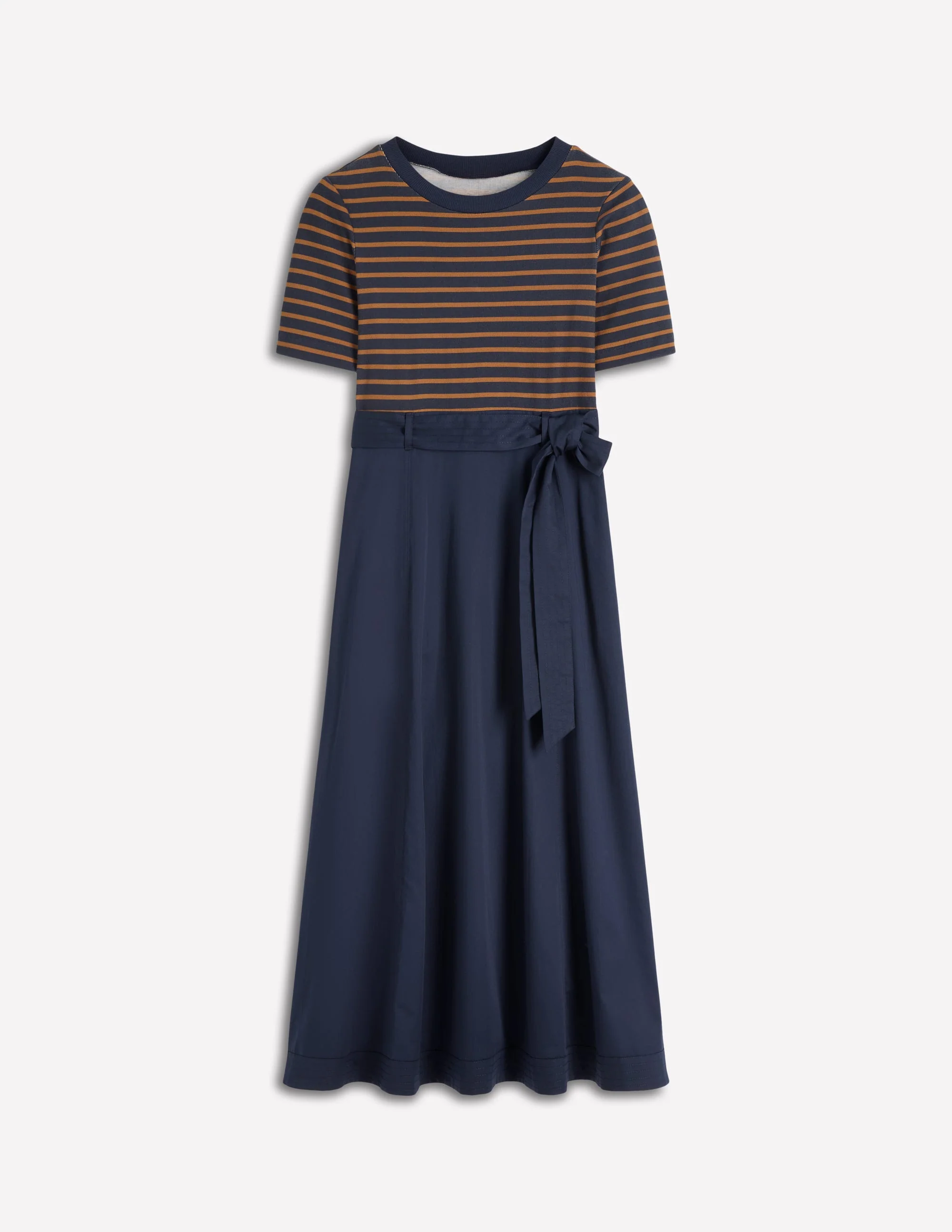 Crew Neck Mix Media Dress-Navy and Gingerbread Stripe - Image 5