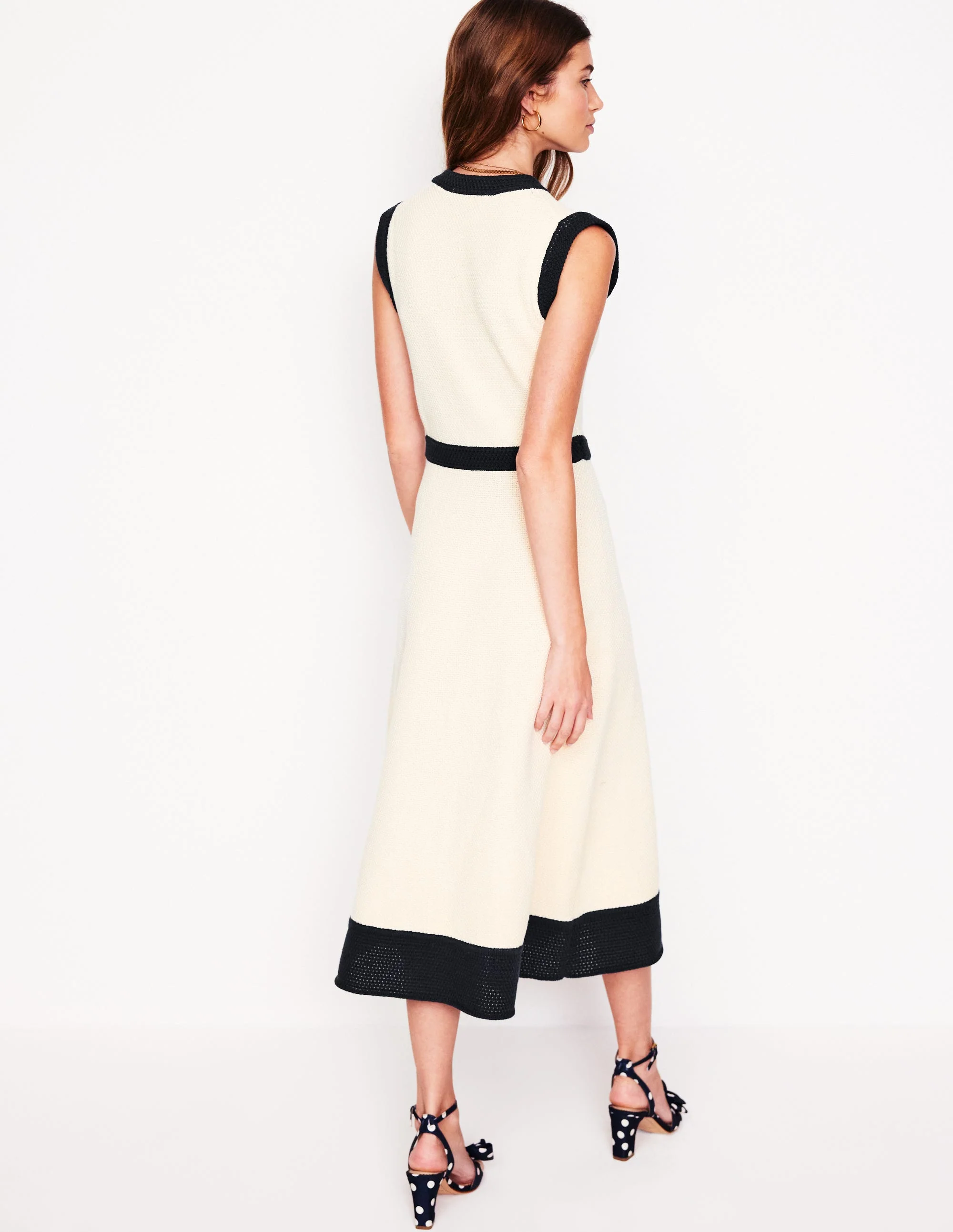 Crochet Trim Knitted Dress-Ivory, Navy - Image 3
