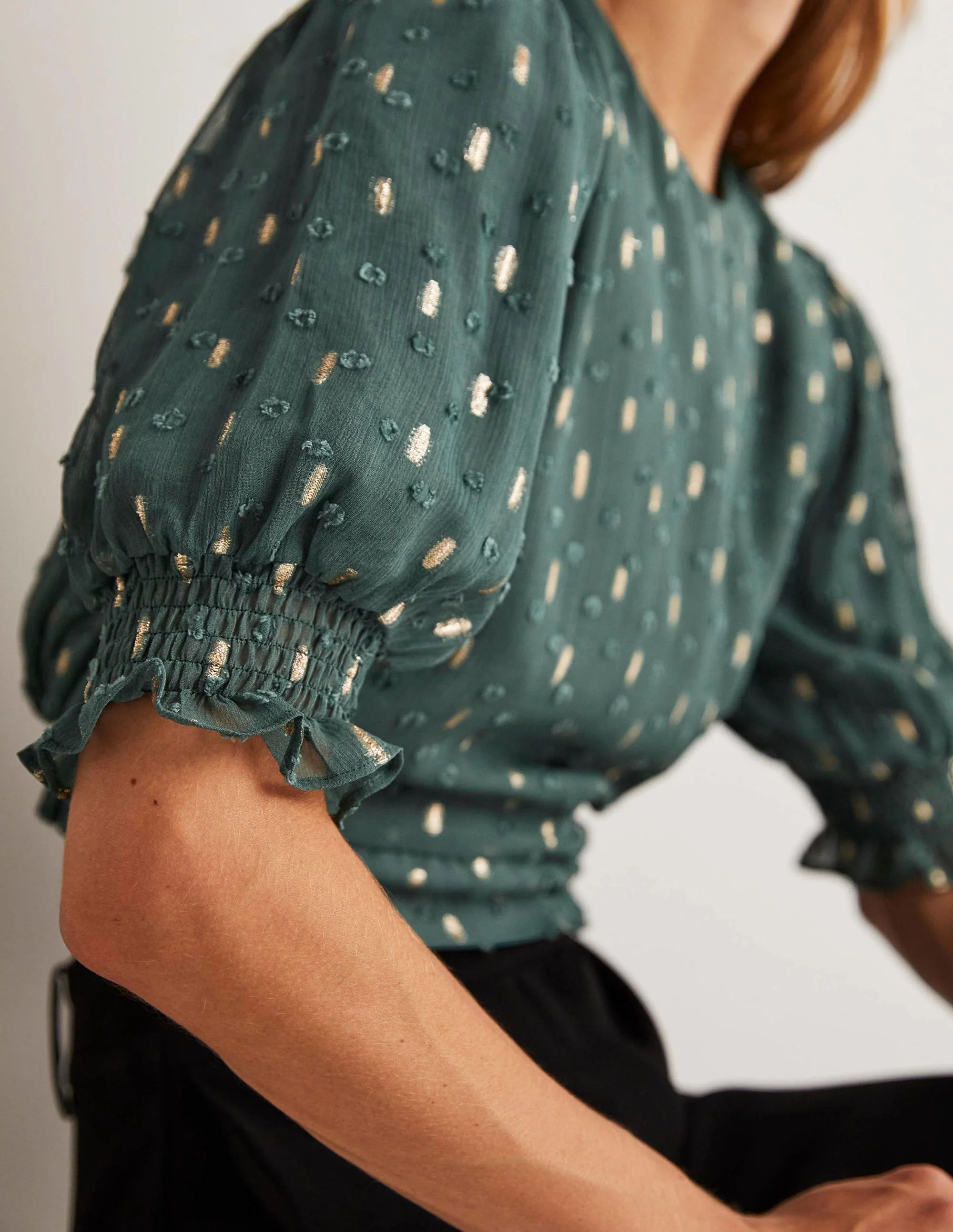 Cropped Metallic Smocked Top-Deep Forest and Gold Clip - Image 2