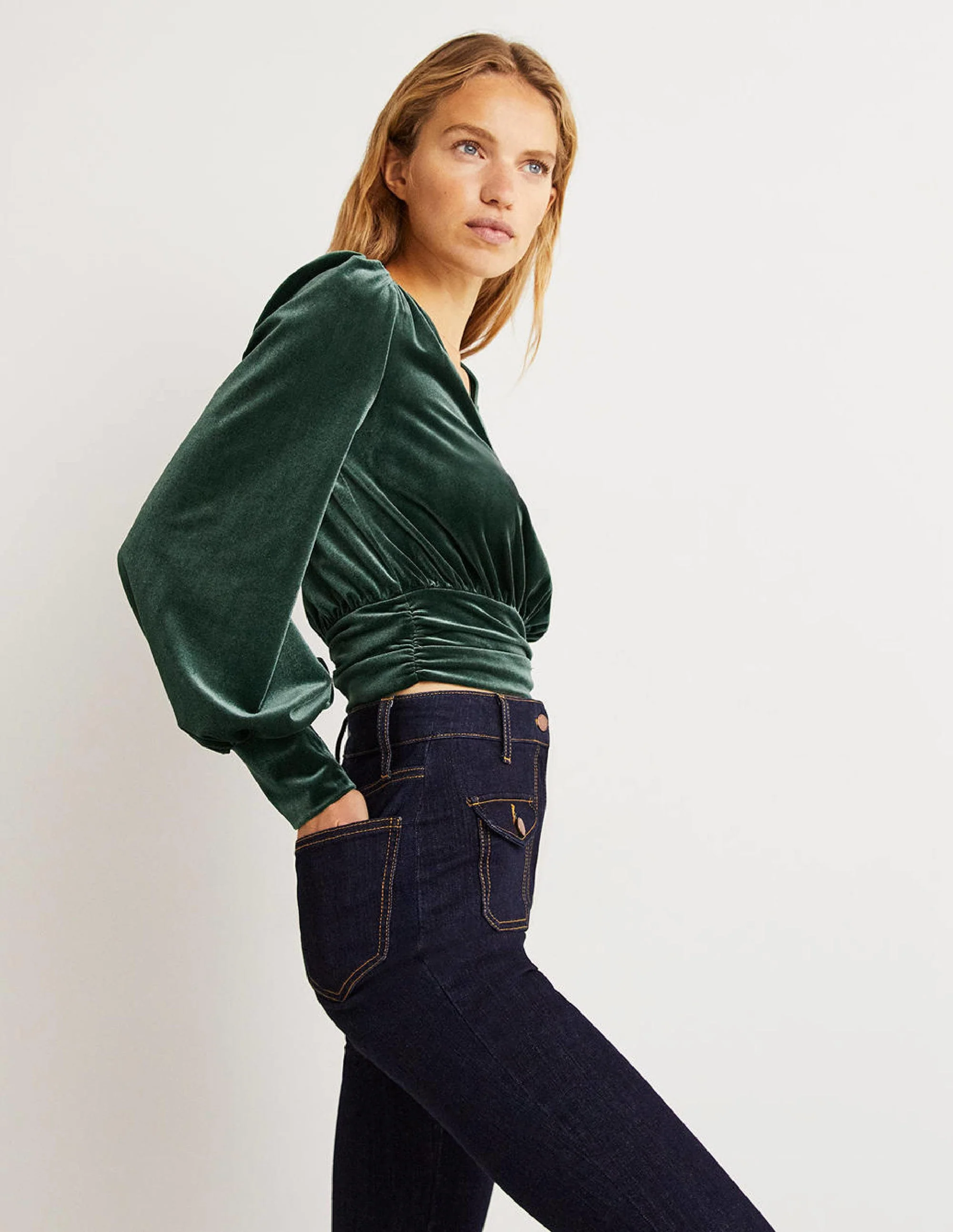 Cropped Velvet Blouson Top-Onyx Green - Image 4